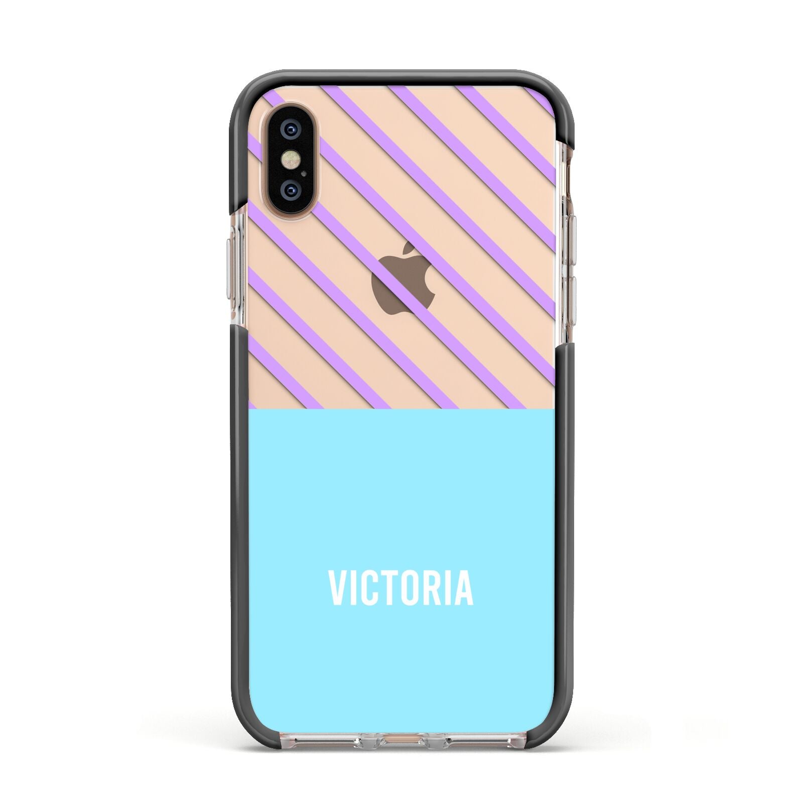 Personalised Blue Purple Stripes Apple iPhone Xs Impact Case Black Edge on Gold Phone