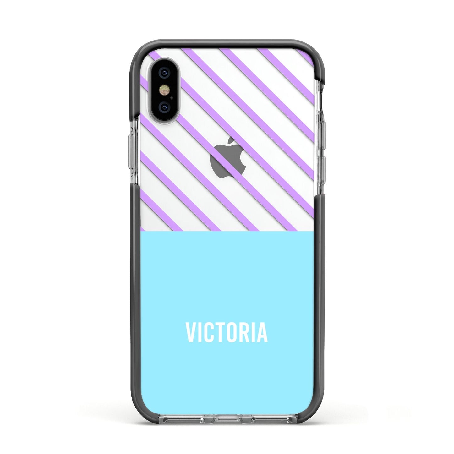 Personalised Blue Purple Stripes Apple iPhone Xs Impact Case Black Edge on Silver Phone