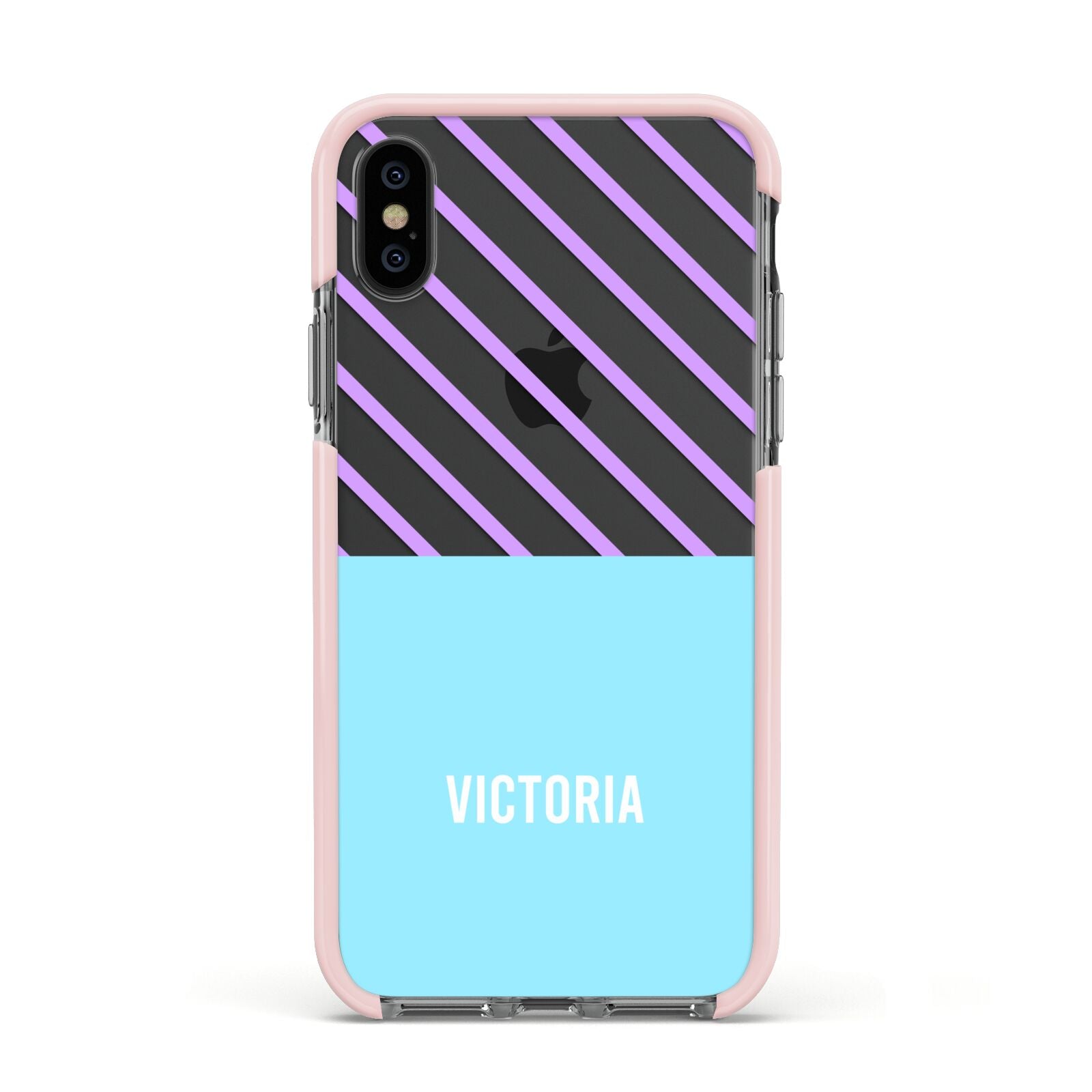 Personalised Blue Purple Stripes Apple iPhone Xs Impact Case Pink Edge on Black Phone