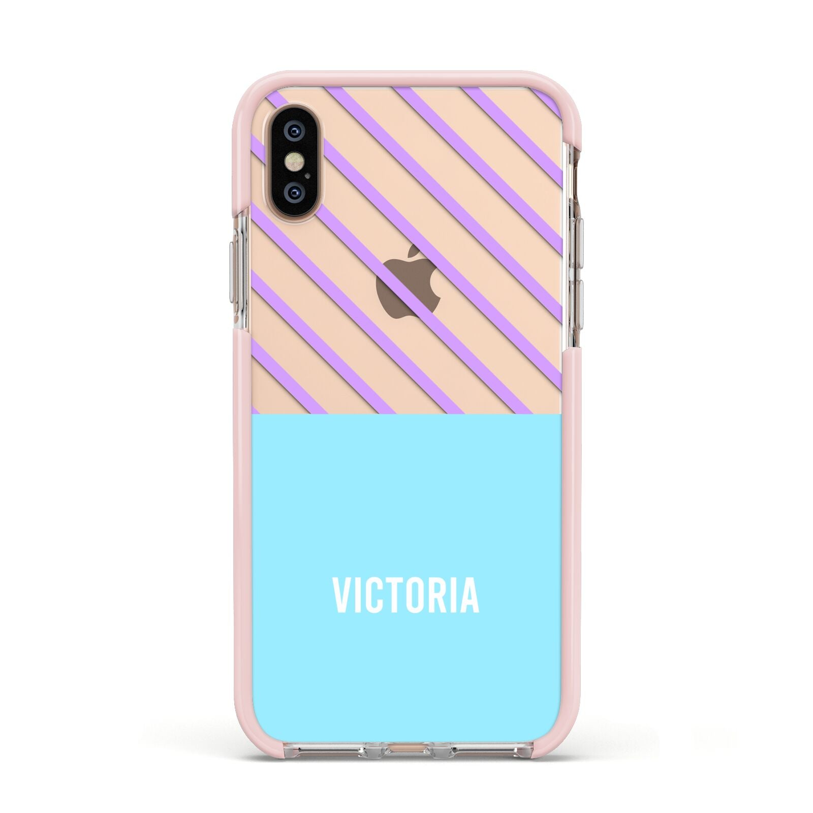 Personalised Blue Purple Stripes Apple iPhone Xs Impact Case Pink Edge on Gold Phone