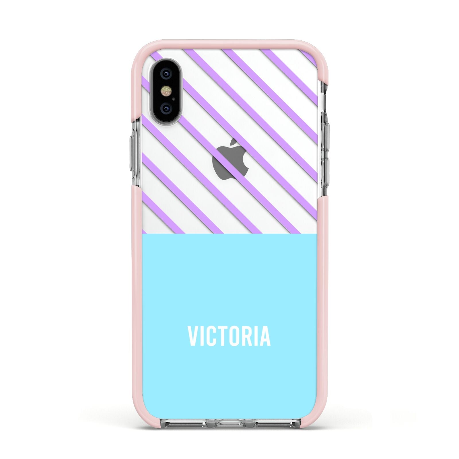 Personalised Blue Purple Stripes Apple iPhone Xs Impact Case Pink Edge on Silver Phone