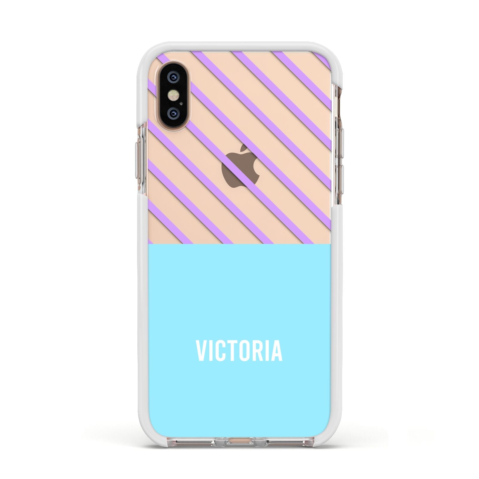 Personalised Blue Purple Stripes Apple iPhone Xs Impact Case White Edge on Gold Phone