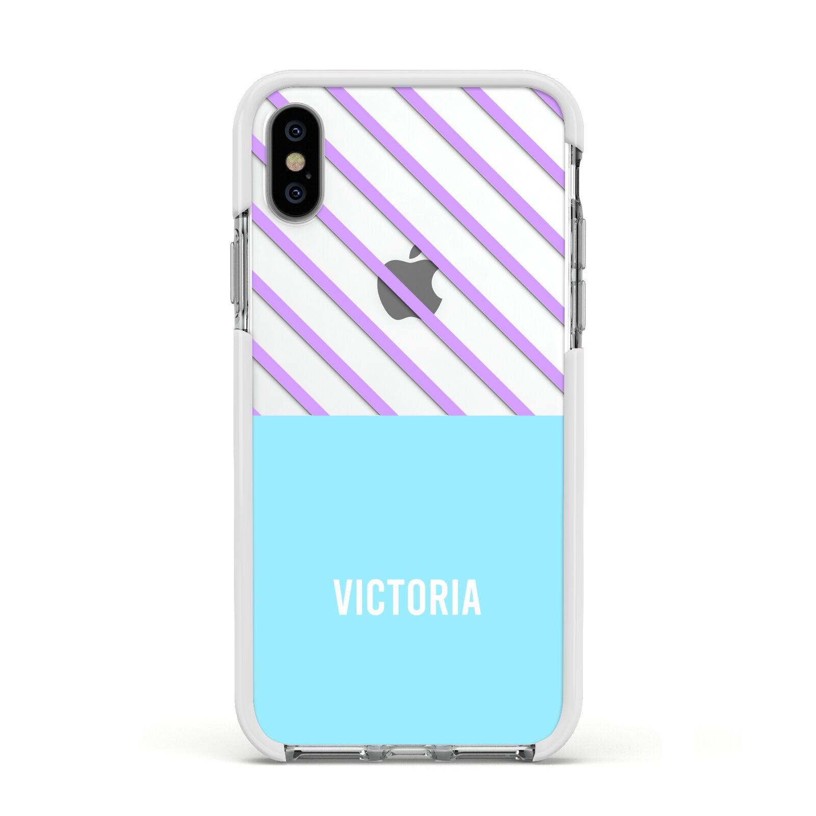 Personalised Blue Purple Stripes Apple iPhone Xs Impact Case White Edge on Silver Phone