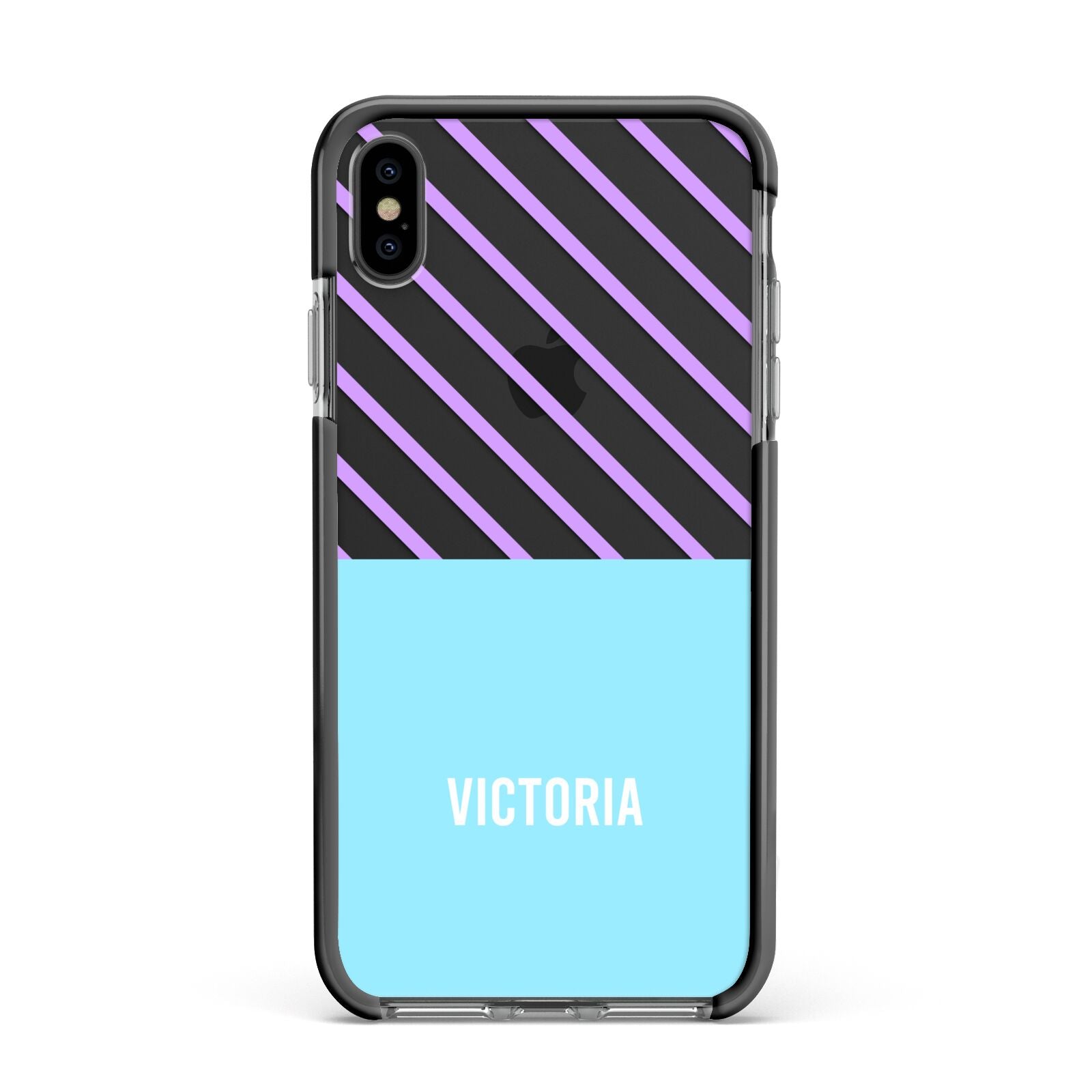 Personalised Blue Purple Stripes Apple iPhone Xs Max Impact Case Black Edge on Black Phone