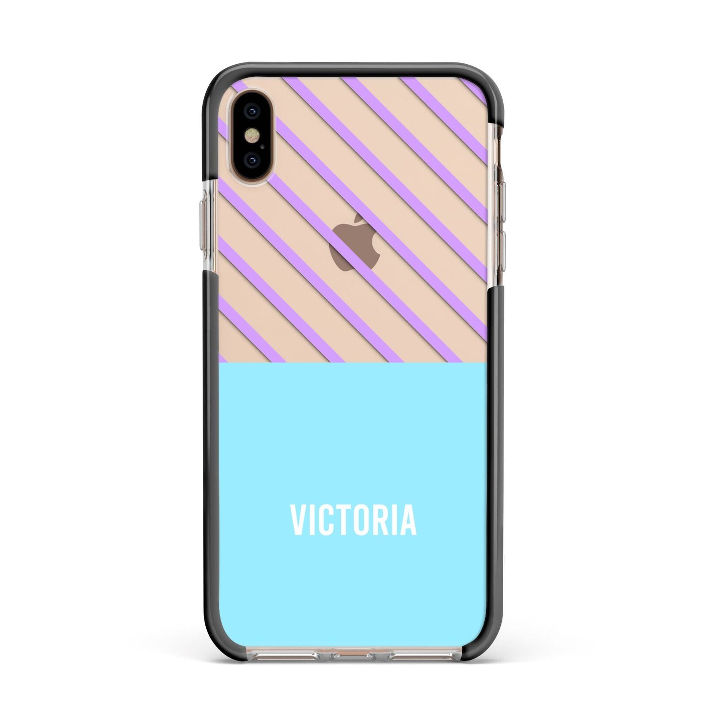 Personalised Blue Purple Stripes Apple iPhone Xs Max Impact Case Black Edge on Gold Phone