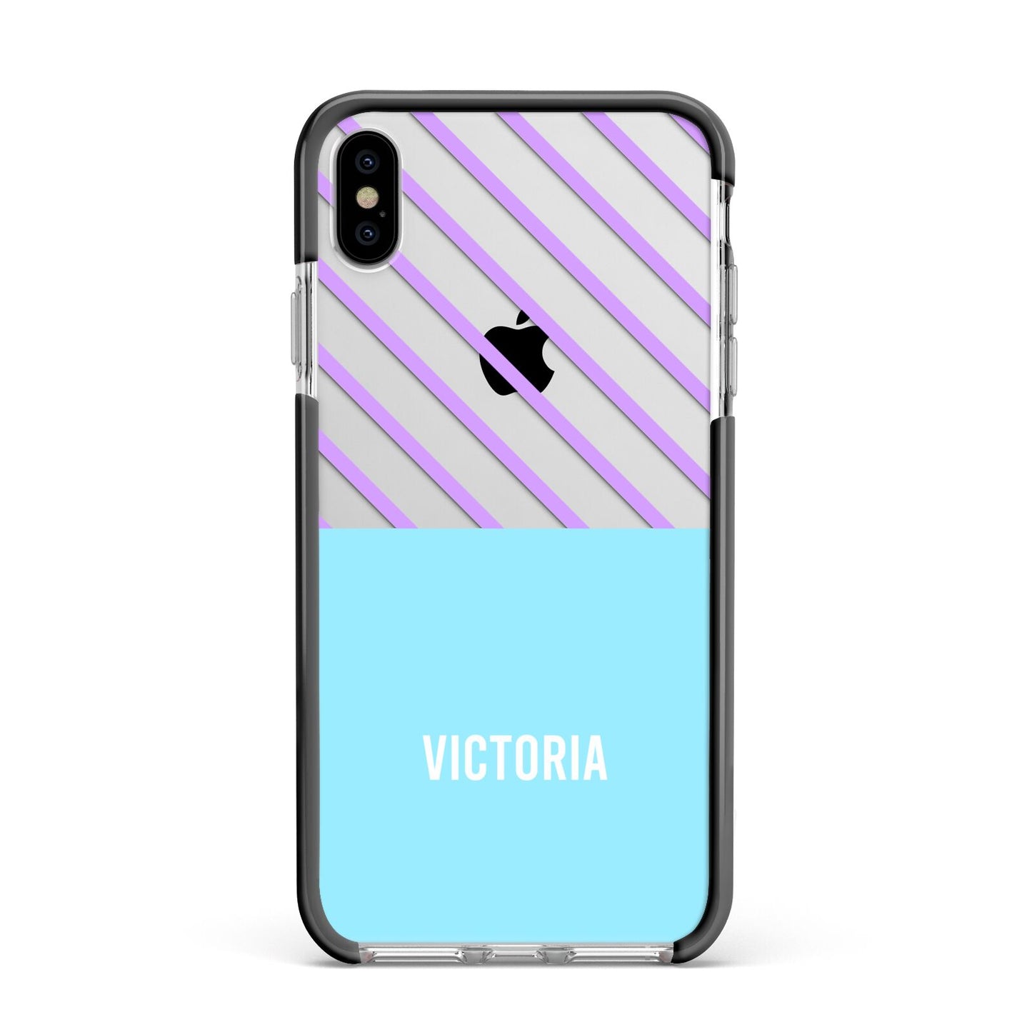 Personalised Blue Purple Stripes Apple iPhone Xs Max Impact Case Black Edge on Silver Phone