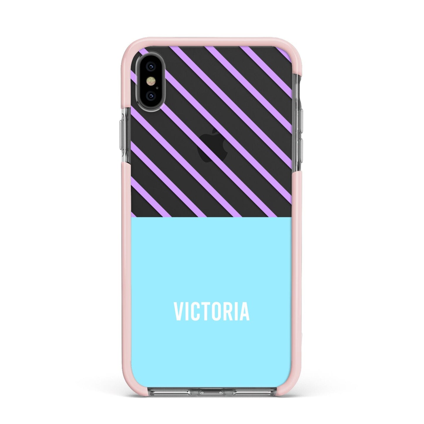 Personalised Blue Purple Stripes Apple iPhone Xs Max Impact Case Pink Edge on Black Phone