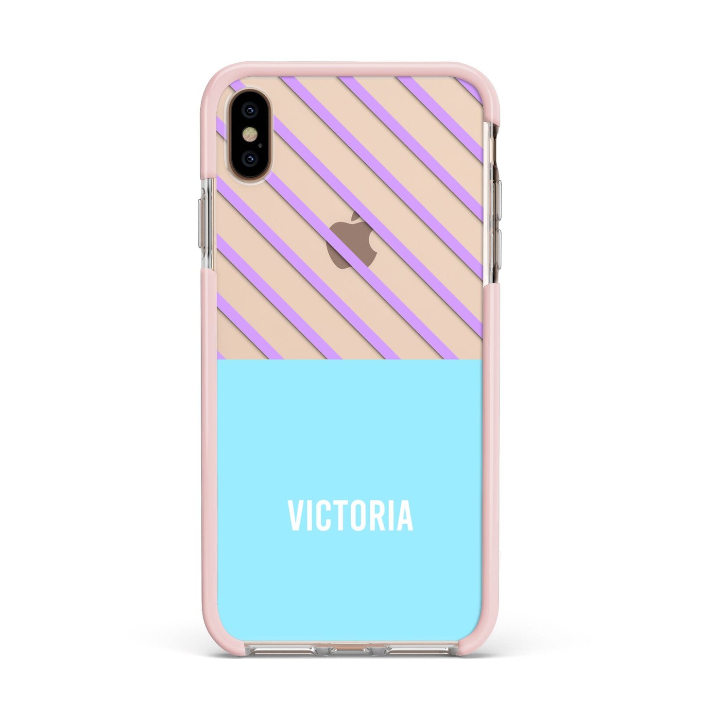 Personalised Blue Purple Stripes Apple iPhone Xs Max Impact Case Pink Edge on Gold Phone