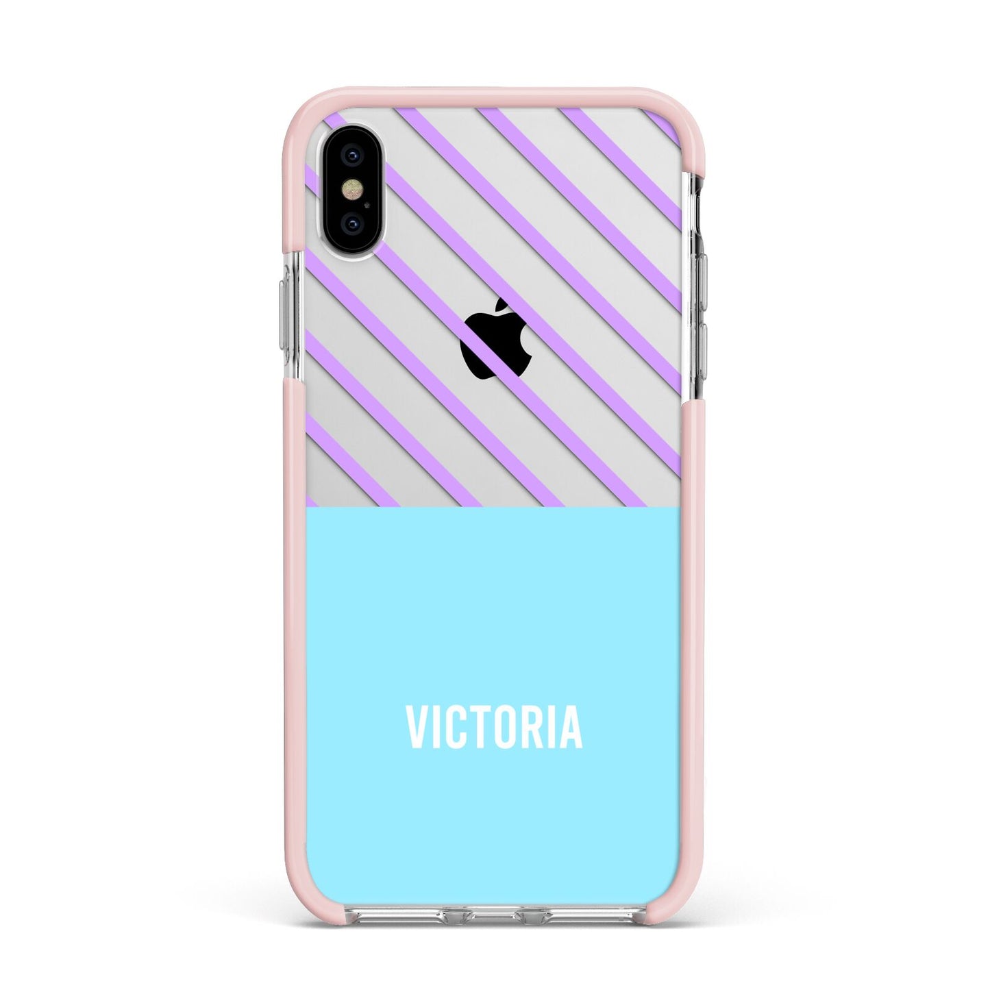 Personalised Blue Purple Stripes Apple iPhone Xs Max Impact Case Pink Edge on Silver Phone