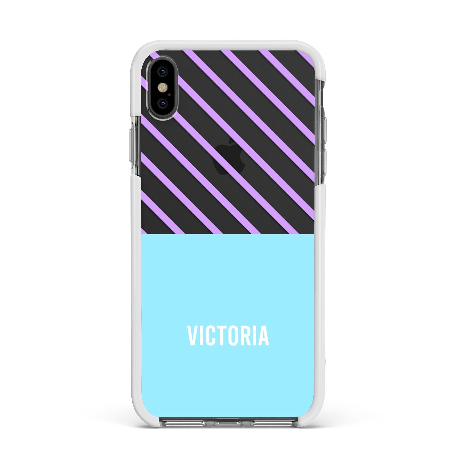 Personalised Blue Purple Stripes Apple iPhone Xs Max Impact Case White Edge on Black Phone