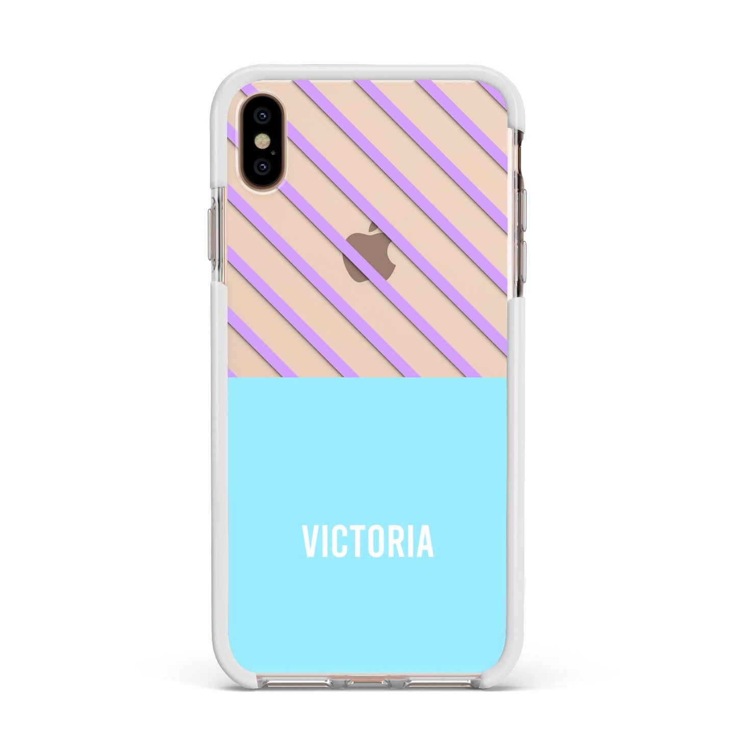 Personalised Blue Purple Stripes Apple iPhone Xs Max Impact Case White Edge on Gold Phone