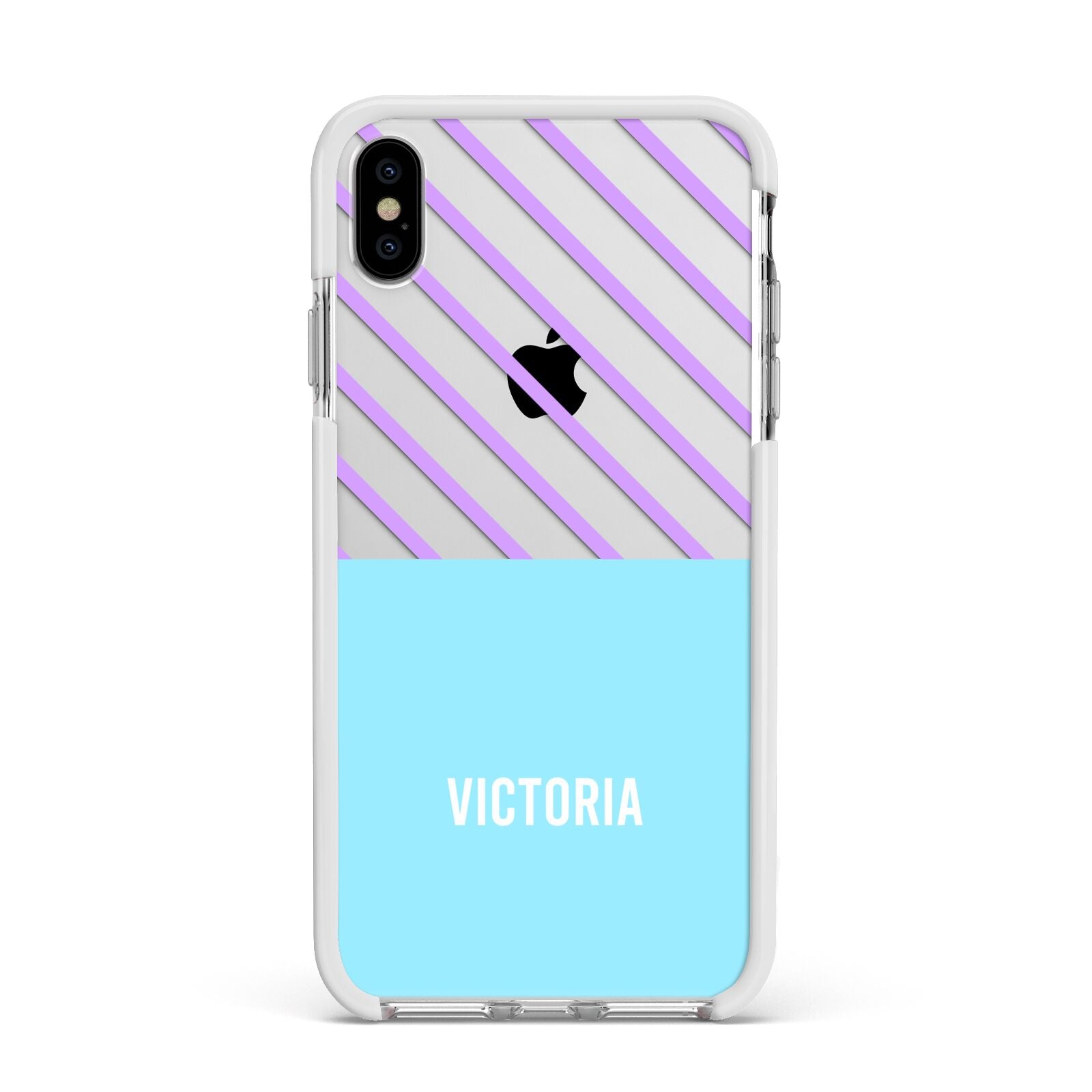 Personalised Blue Purple Stripes Apple iPhone Xs Max Impact Case White Edge on Silver Phone