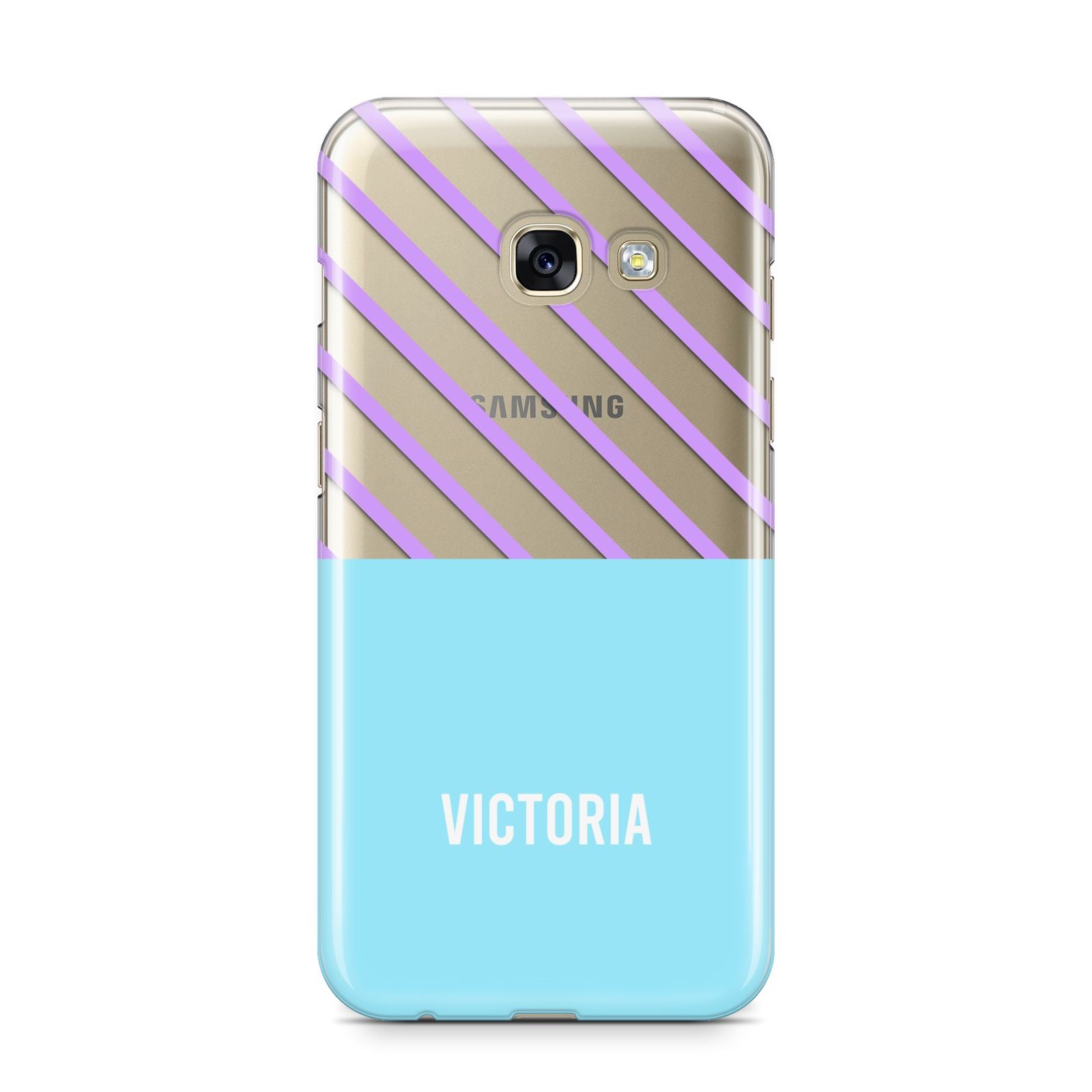 Personalised Blue Purple Stripes Samsung Galaxy A3 2017 Case on gold phone