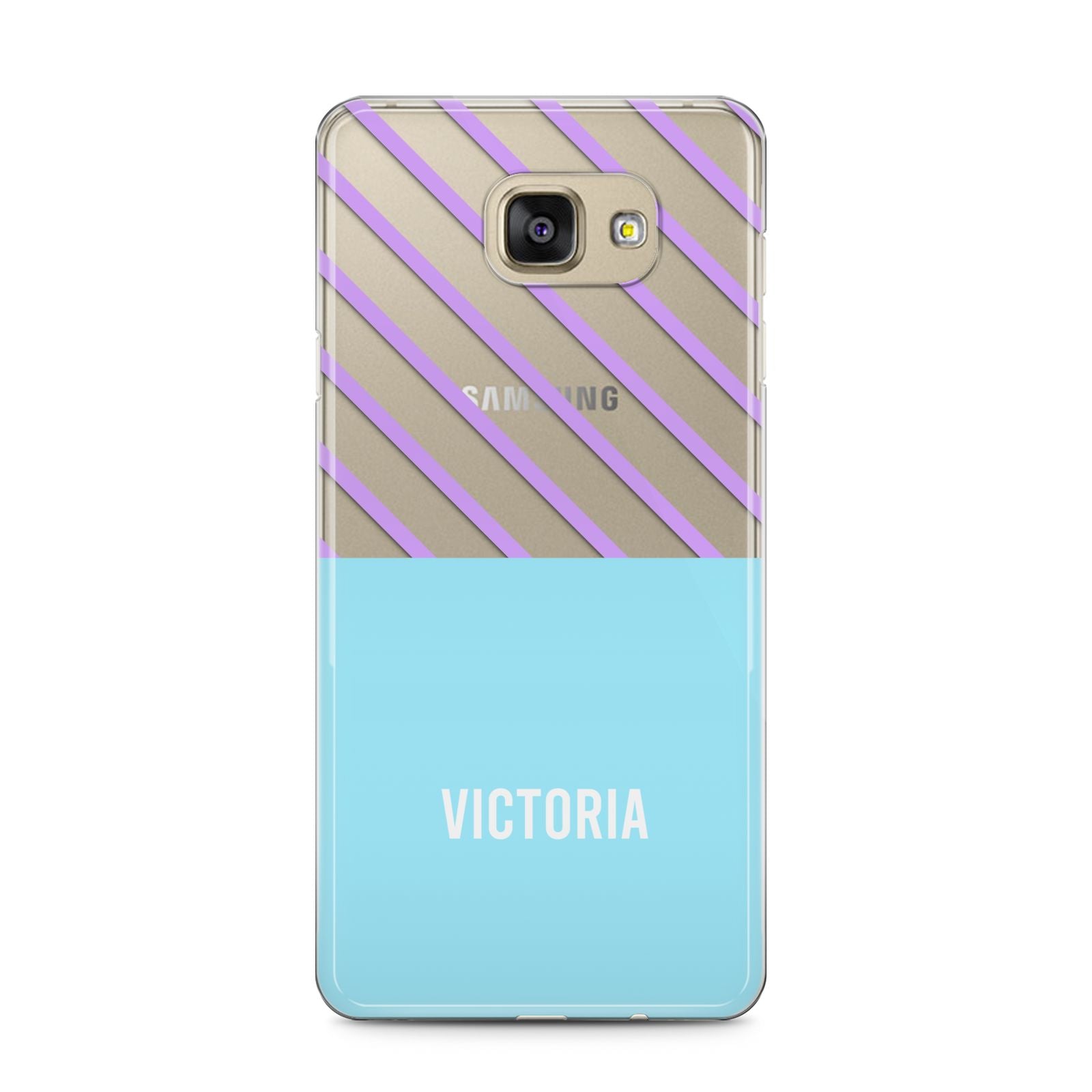 Personalised Blue Purple Stripes Samsung Galaxy A5 2016 Case on gold phone