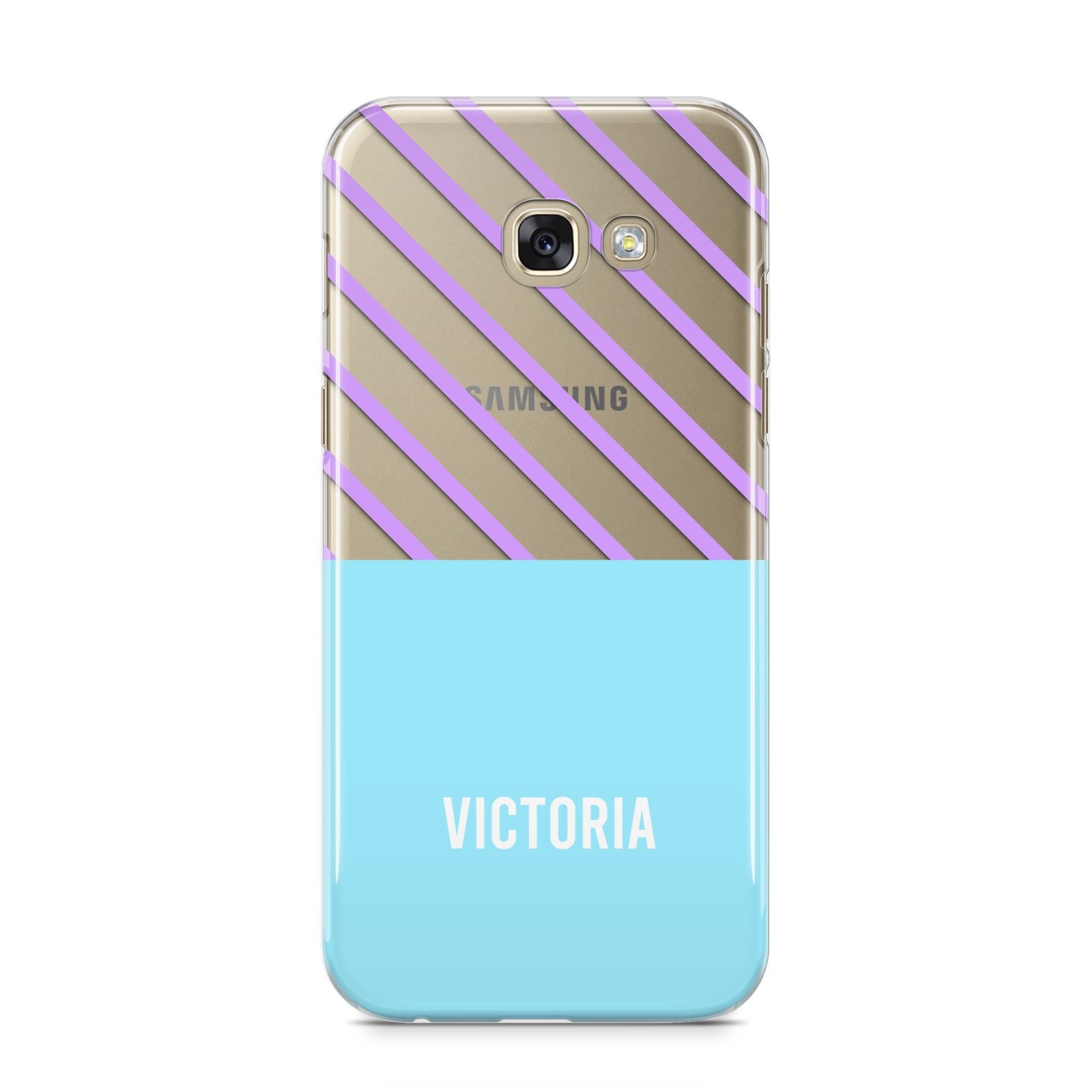 Personalised Blue Purple Stripes Samsung Galaxy A5 2017 Case on gold phone