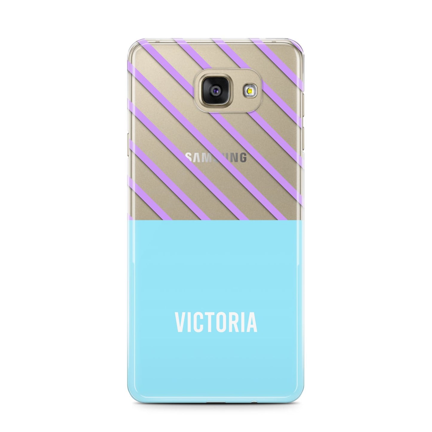 Personalised Blue Purple Stripes Samsung Galaxy A7 2016 Case on gold phone