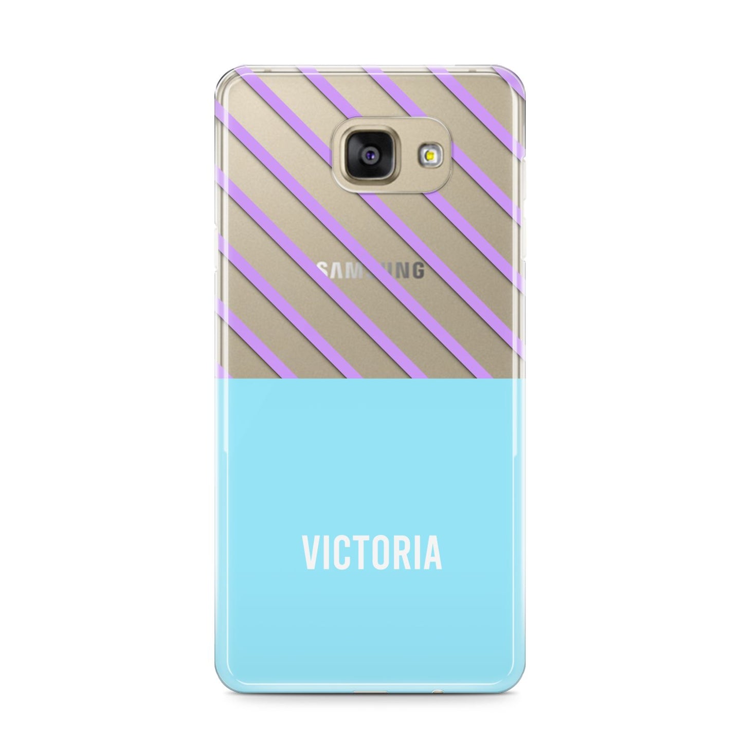 Personalised Blue Purple Stripes Samsung Galaxy A9 2016 Case on gold phone