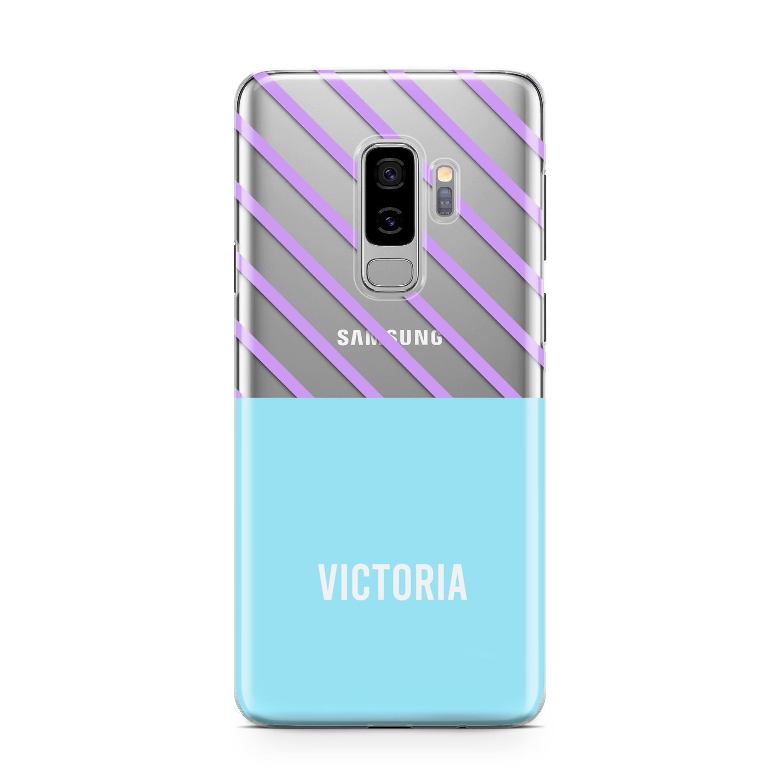 Personalised Blue Purple Stripes Samsung Galaxy S9 Plus Case on Silver phone