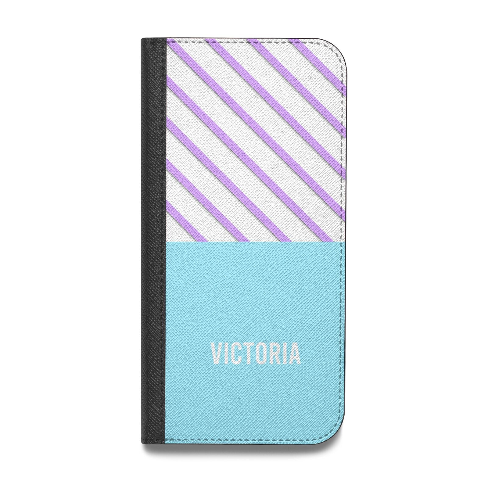 Personalised Blue Purple Stripes Vegan Leather Flip iPhone Case