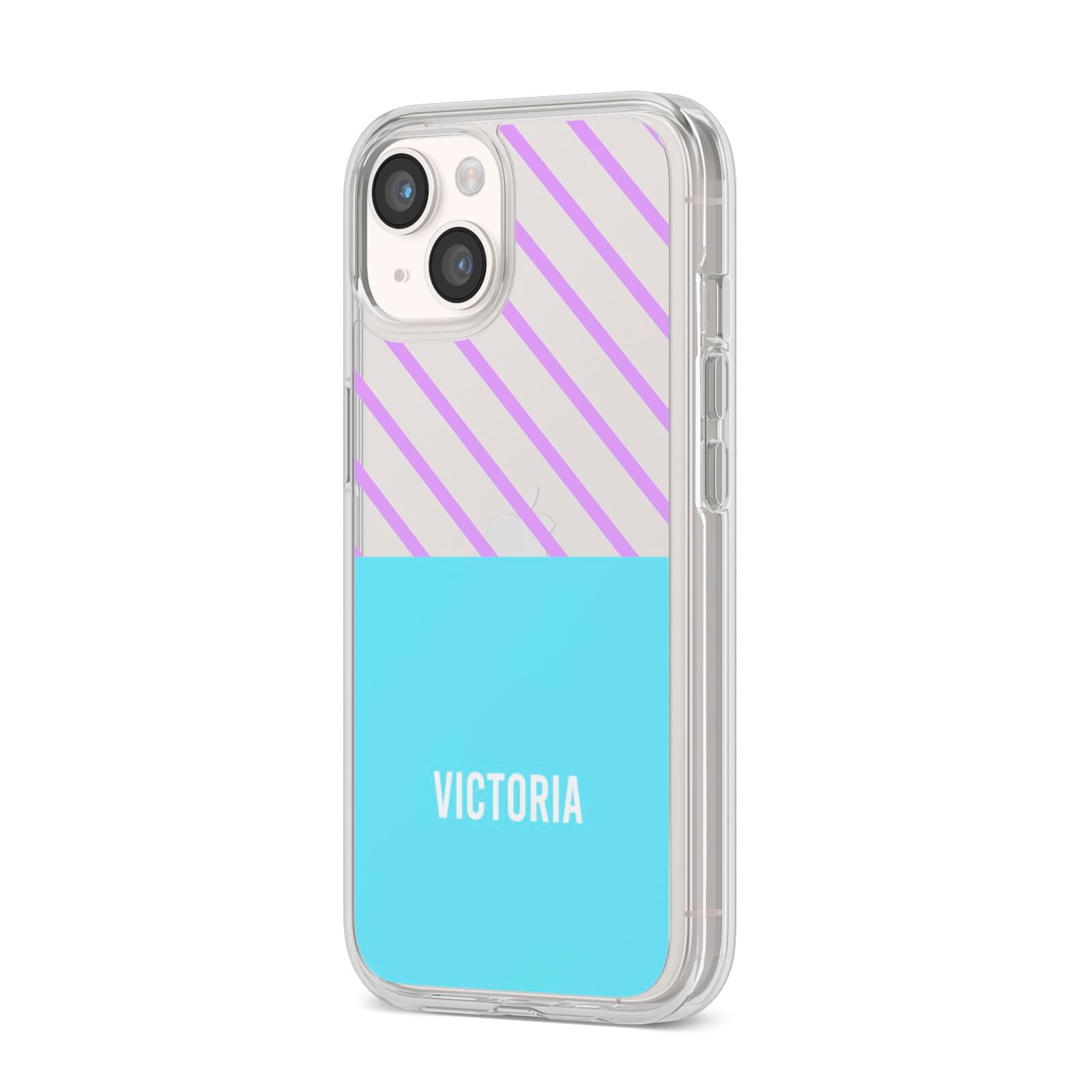 Personalised Blue Purple Stripes iPhone 14 Clear Tough Case Starlight Angled Image