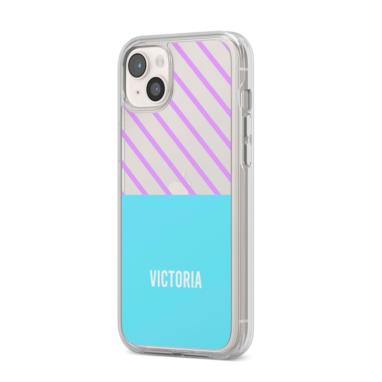 Personalised Blue Purple Stripes iPhone 14 Plus Clear Tough Case Starlight Angled Image