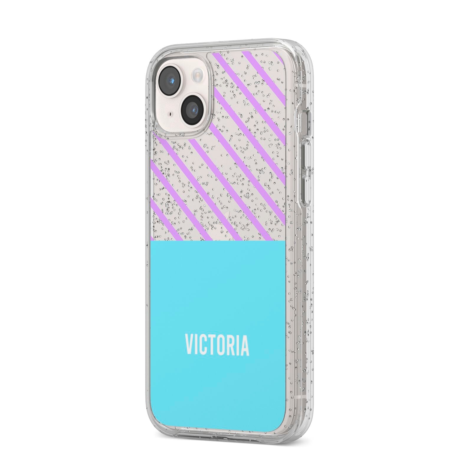 Personalised Blue Purple Stripes iPhone 14 Plus Glitter Tough Case Starlight Angled Image