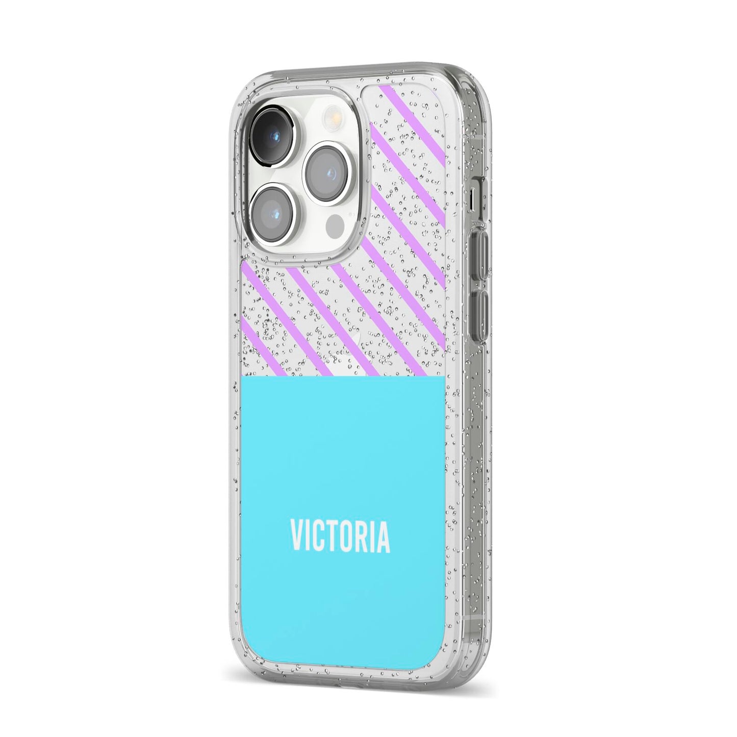 Personalised Blue Purple Stripes iPhone 14 Pro Glitter Tough Case Silver Angled Image