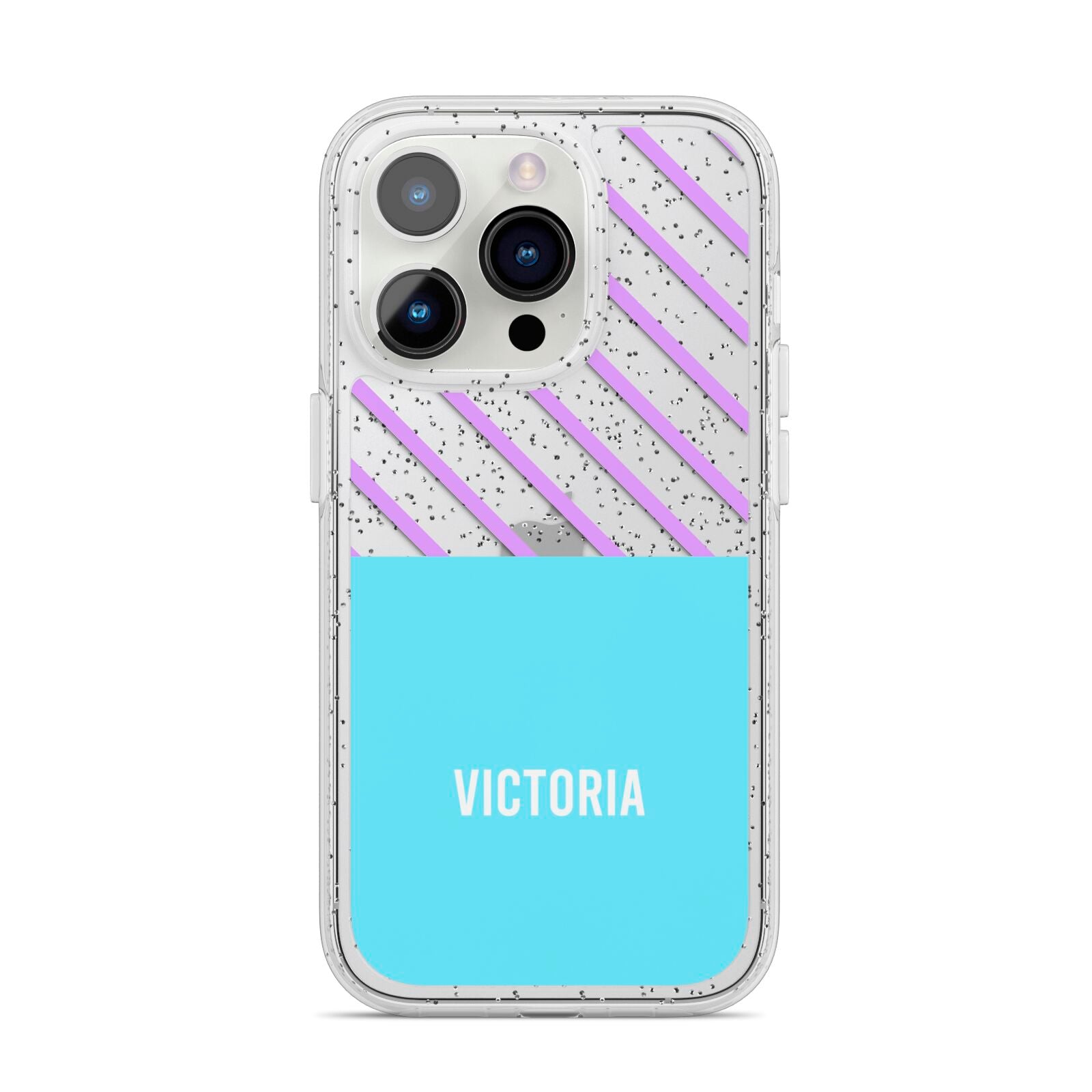 Personalised Blue Purple Stripes iPhone 14 Pro Glitter Tough Case Silver