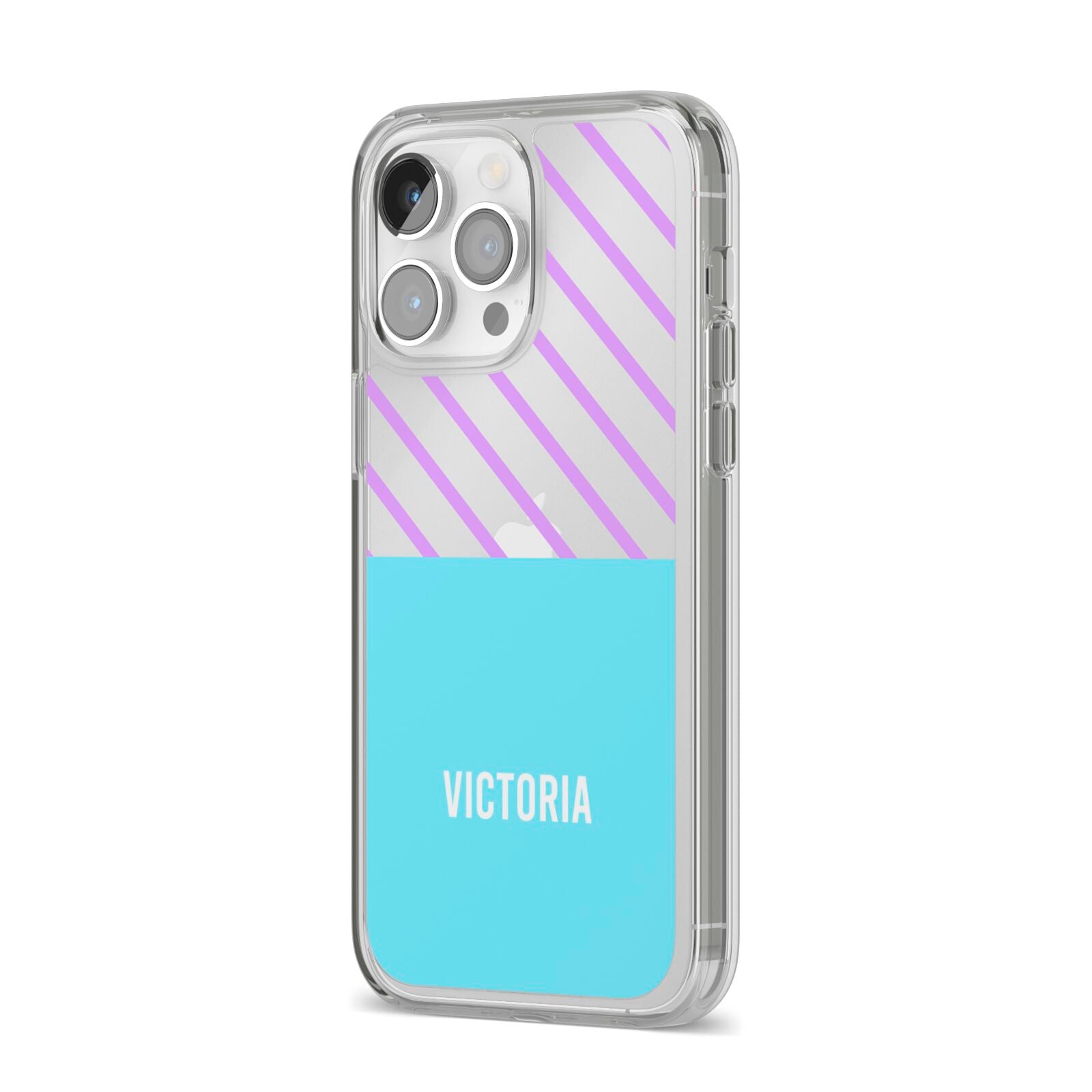 Personalised Blue Purple Stripes iPhone 14 Pro Max Clear Tough Case Silver Angled Image