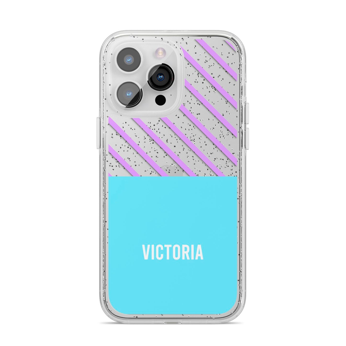 Personalised Blue Purple Stripes iPhone 14 Pro Max Glitter Tough Case Silver