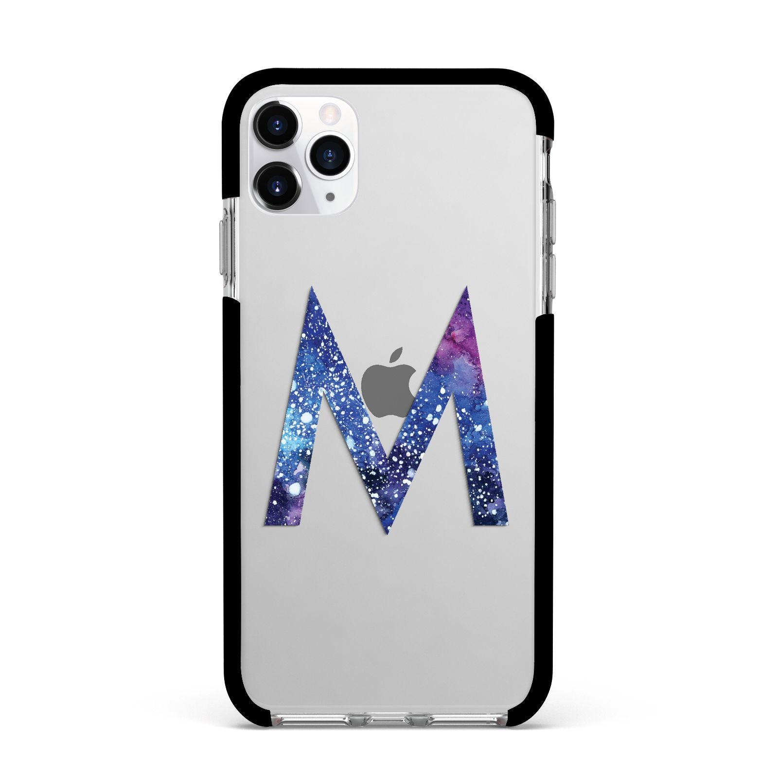 Personalised Blue Space Initial Clear Custom Apple iPhone 11 Pro Max in Silver with Black Impact Case