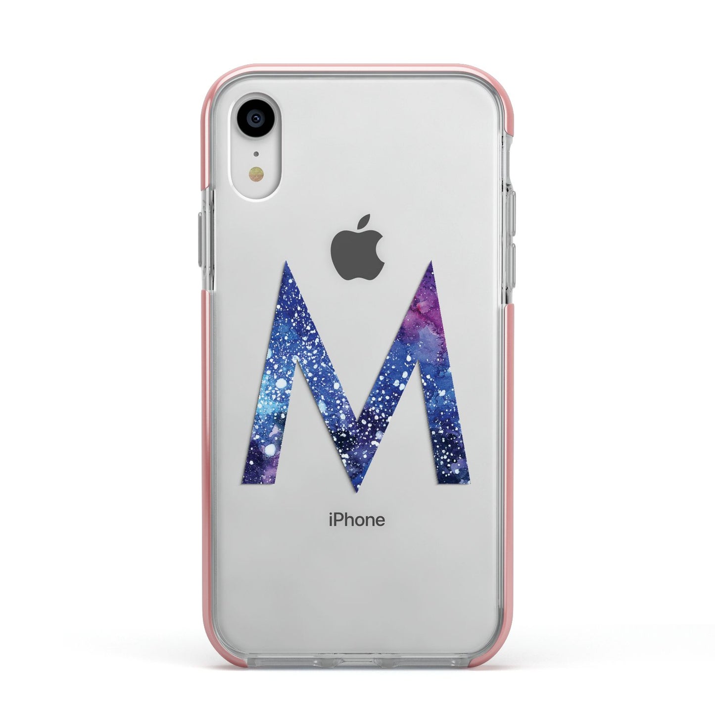 Personalised Blue Space Initial Clear Custom Apple iPhone XR Impact Case Pink Edge on Silver Phone