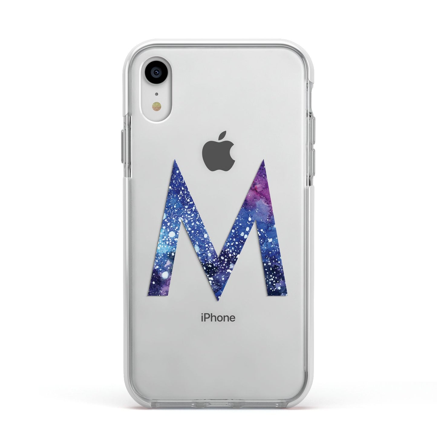 Personalised Blue Space Initial Clear Custom Apple iPhone XR Impact Case White Edge on Silver Phone