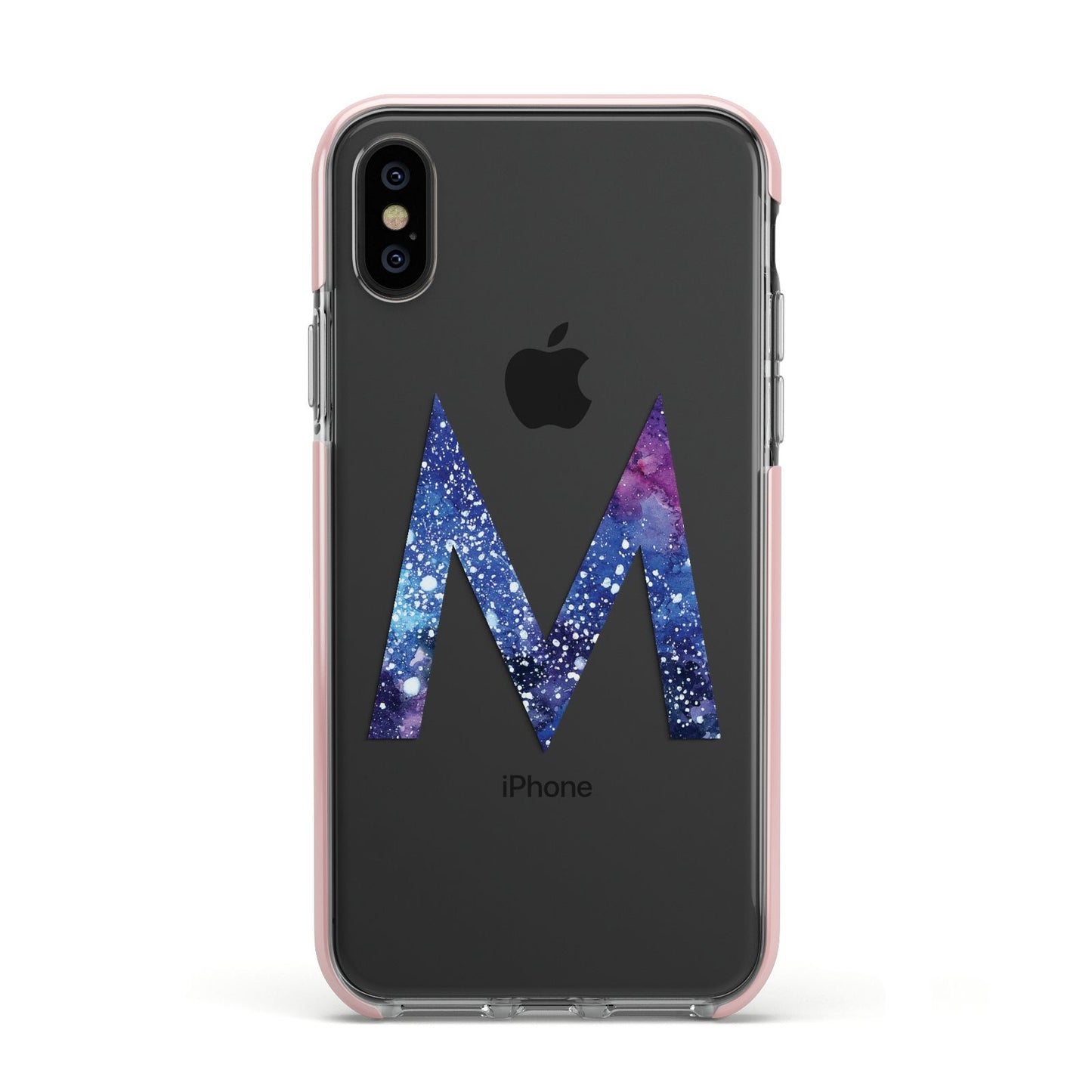 Personalised Blue Space Initial Clear Custom Apple iPhone Xs Impact Case Pink Edge on Black Phone