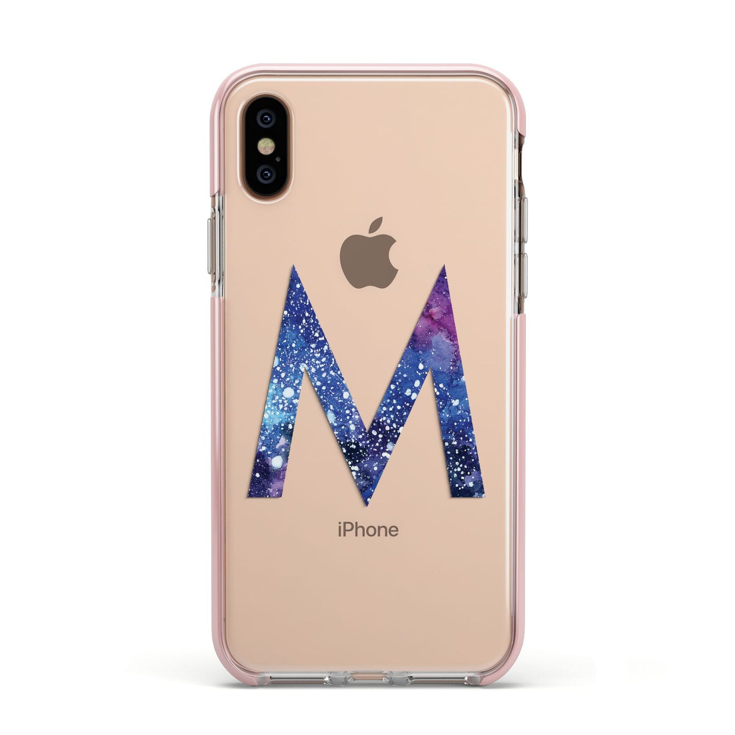 Personalised Blue Space Initial Clear Custom Apple iPhone Xs Impact Case Pink Edge on Gold Phone