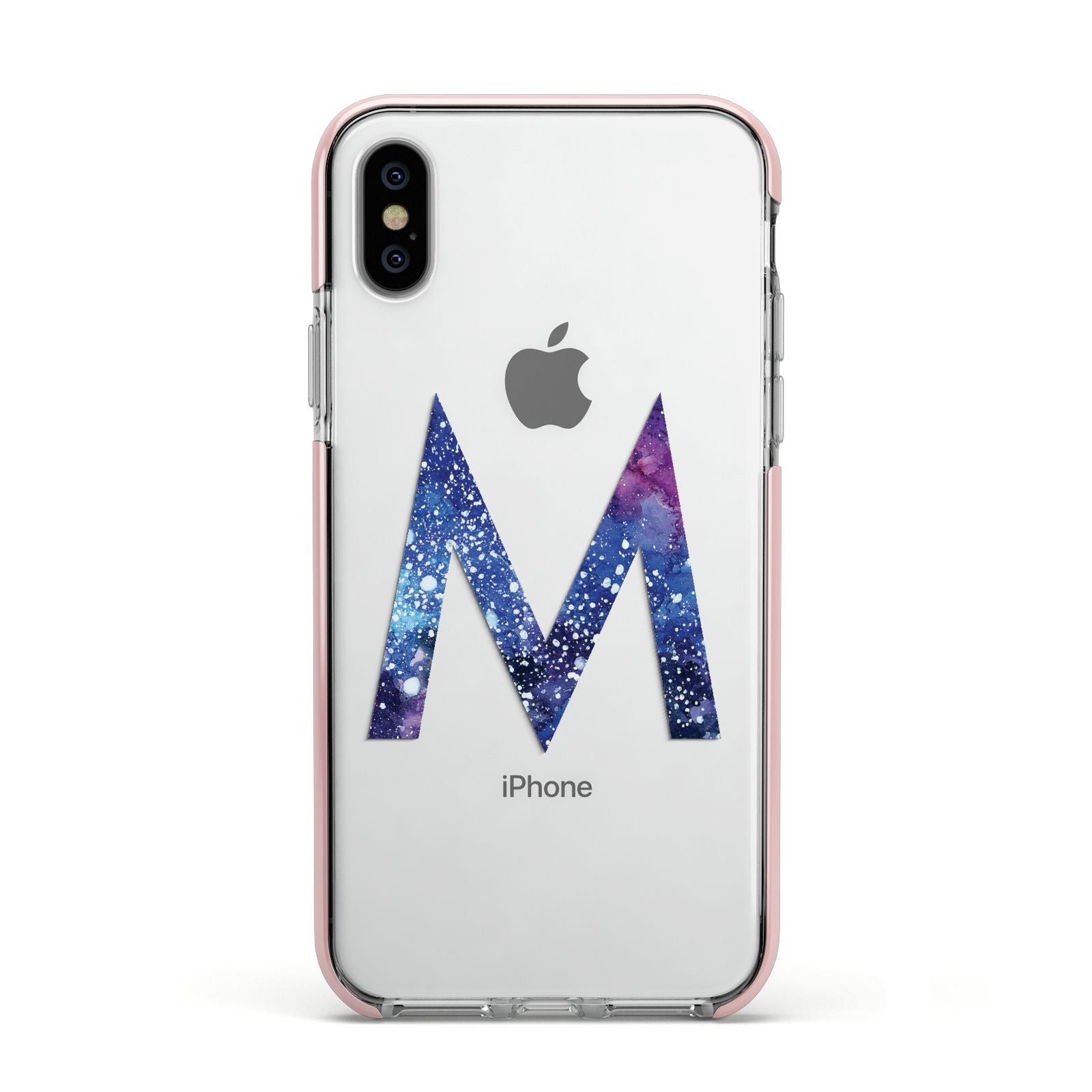Personalised Blue Space Initial Clear Custom Apple iPhone Xs Impact Case Pink Edge on Silver Phone