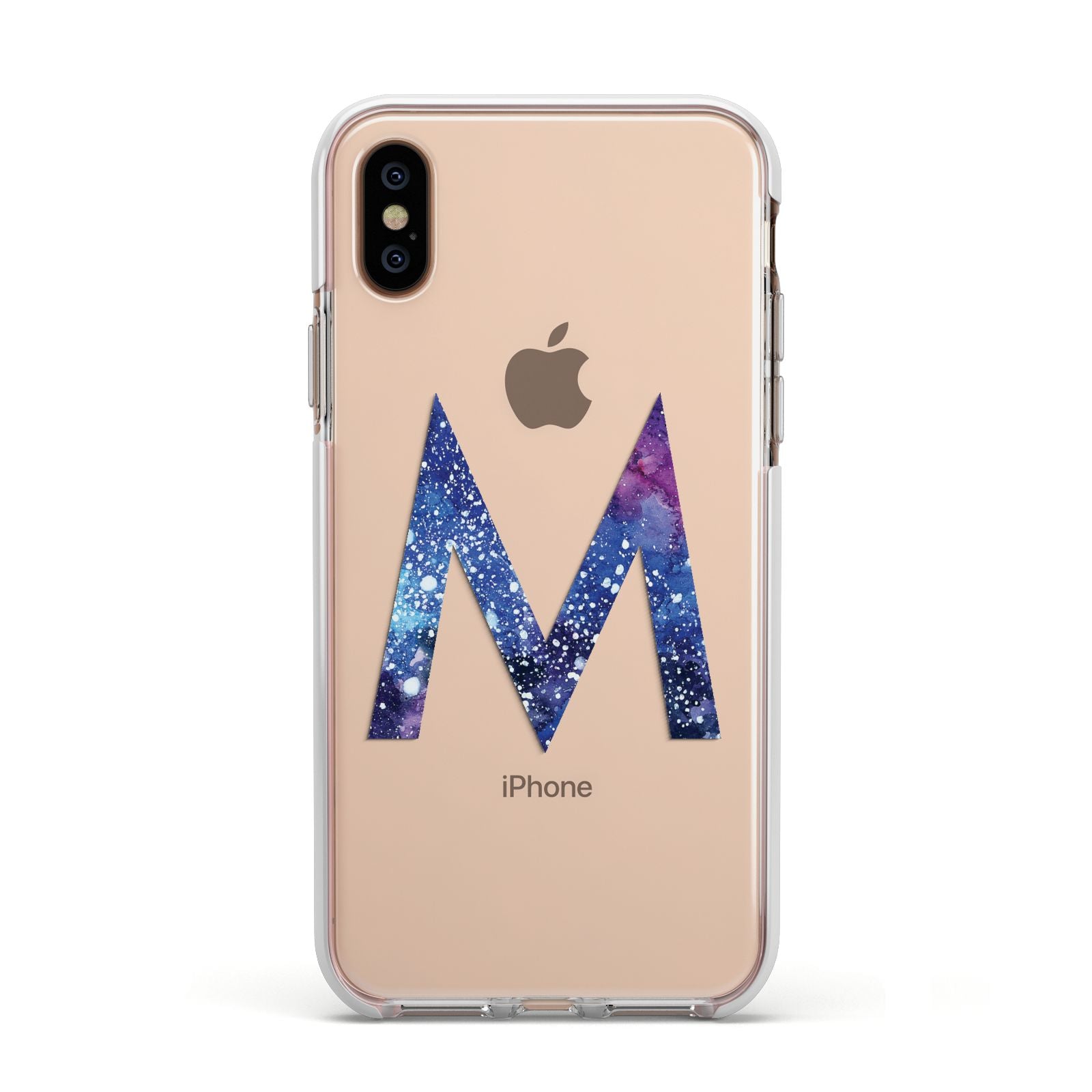 Personalised Blue Space Initial Clear Custom Apple iPhone Xs Impact Case White Edge on Gold Phone