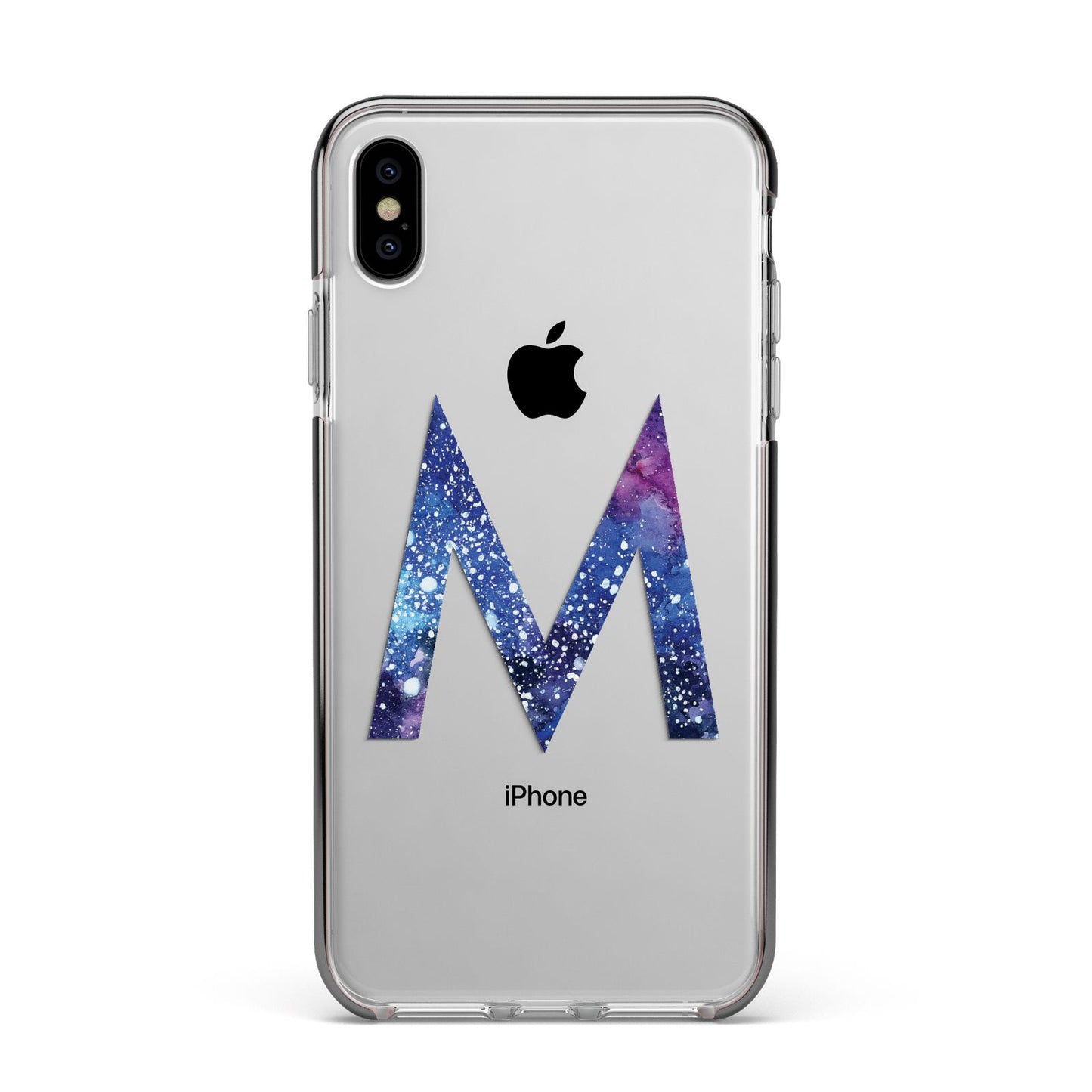 Personalised Blue Space Initial Clear Custom Apple iPhone Xs Max Impact Case Black Edge on Silver Phone