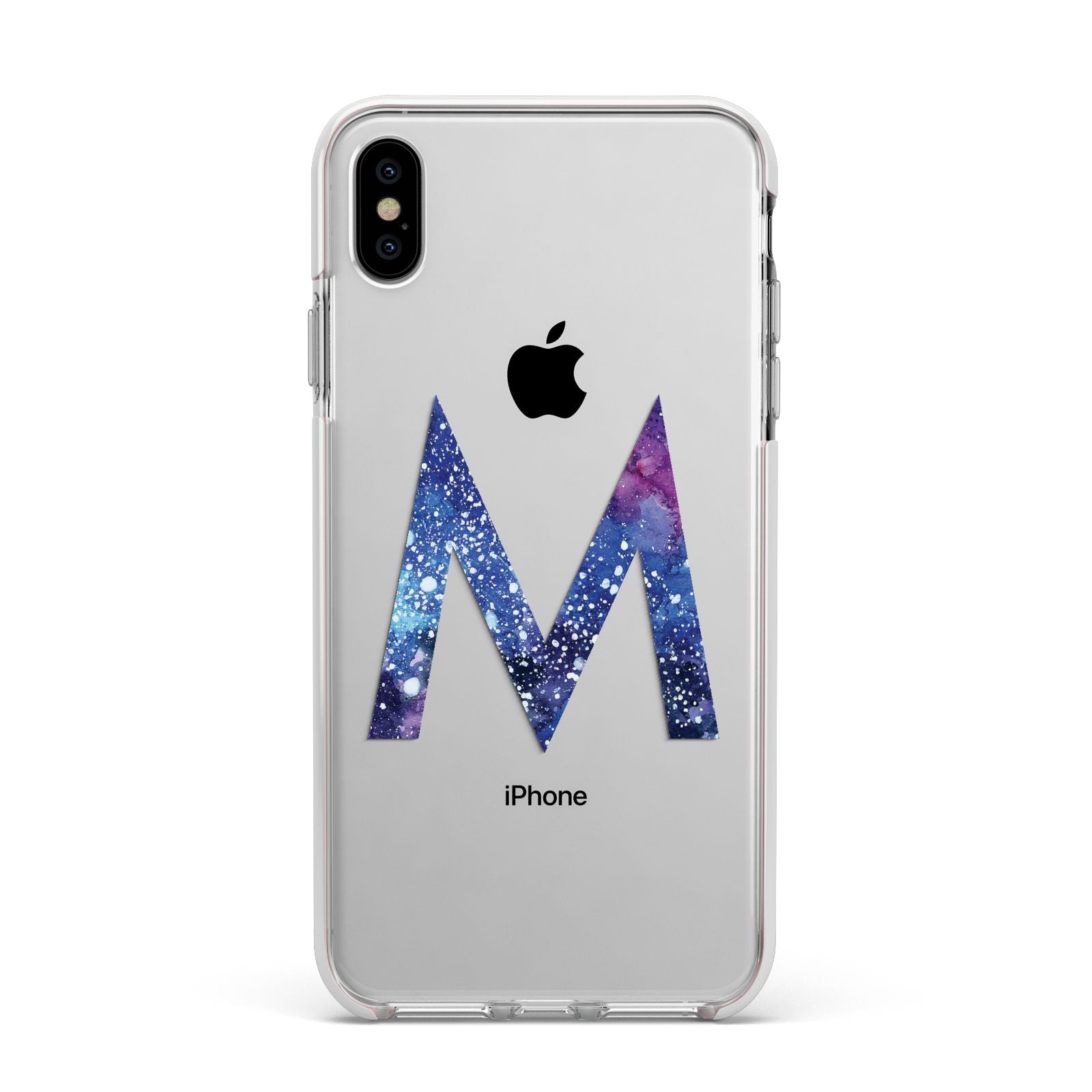 Personalised Blue Space Initial Clear Custom Apple iPhone Xs Max Impact Case White Edge on Silver Phone