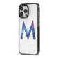 Personalised Blue Space Initial Clear Custom iPhone 13 Pro Max Black Impact Case Side Angle on Silver phone