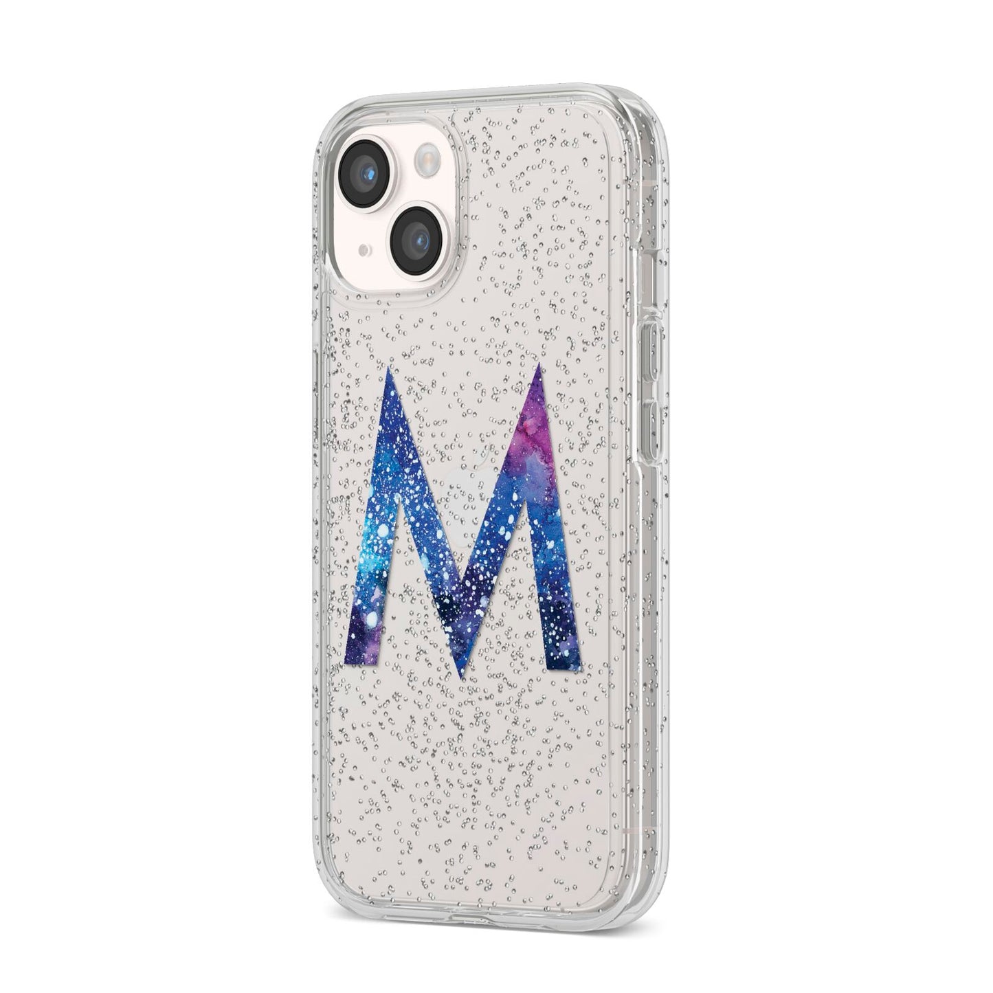 Personalised Blue Space Initial Clear Custom iPhone 14 Glitter Tough Case Starlight Angled Image