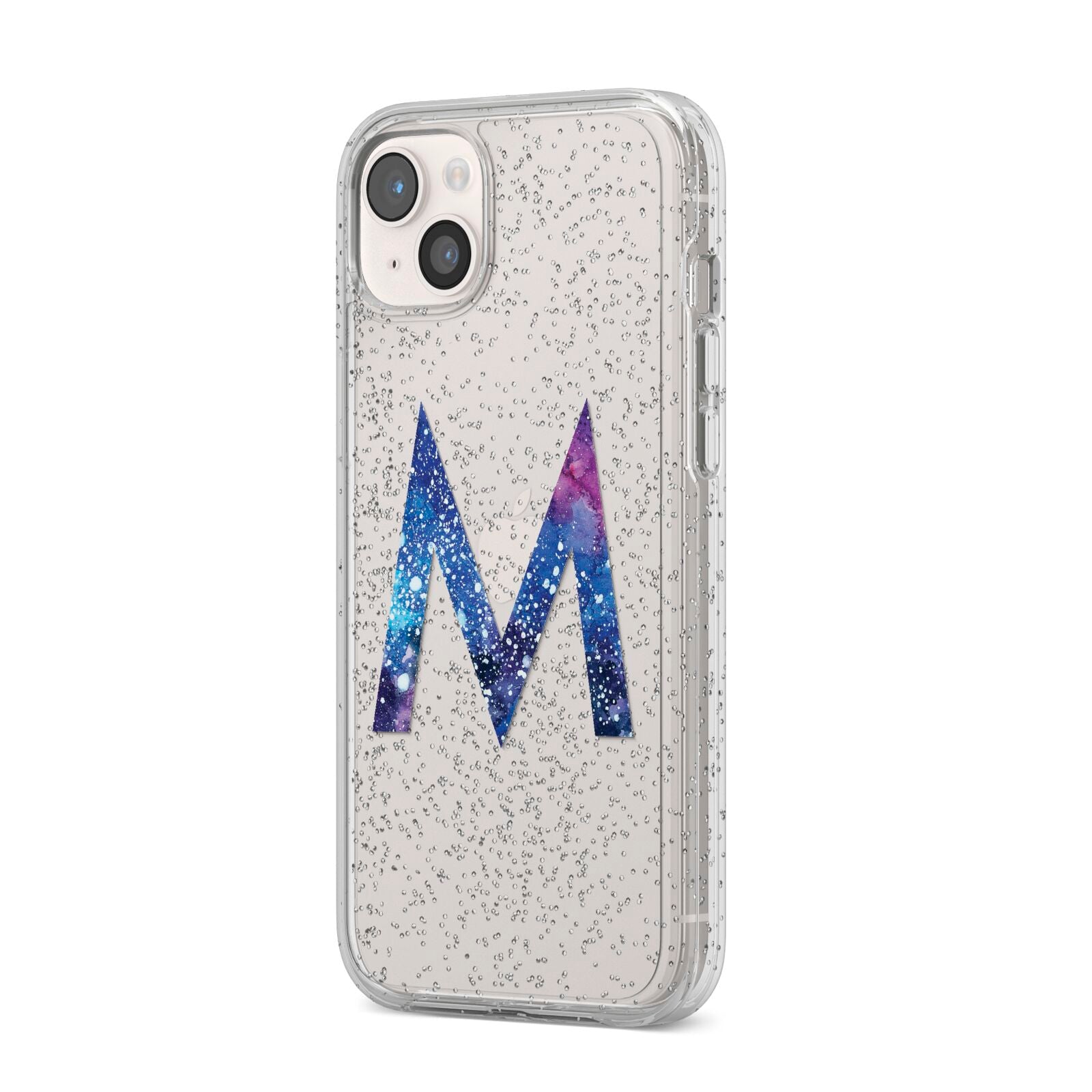 Personalised Blue Space Initial Clear Custom iPhone 14 Plus Glitter Tough Case Starlight Angled Image