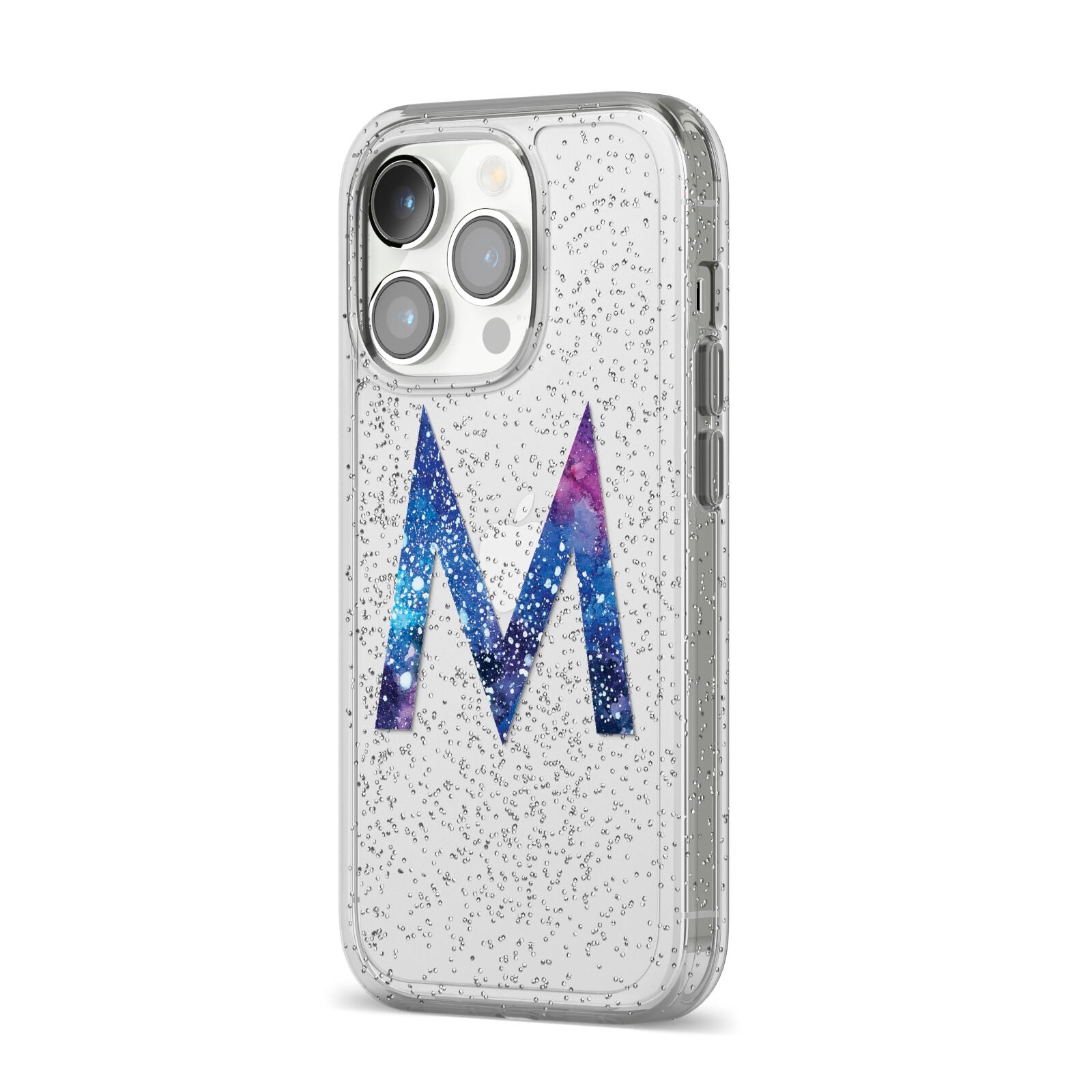 Personalised Blue Space Initial Clear Custom iPhone 14 Pro Glitter Tough Case Silver Angled Image