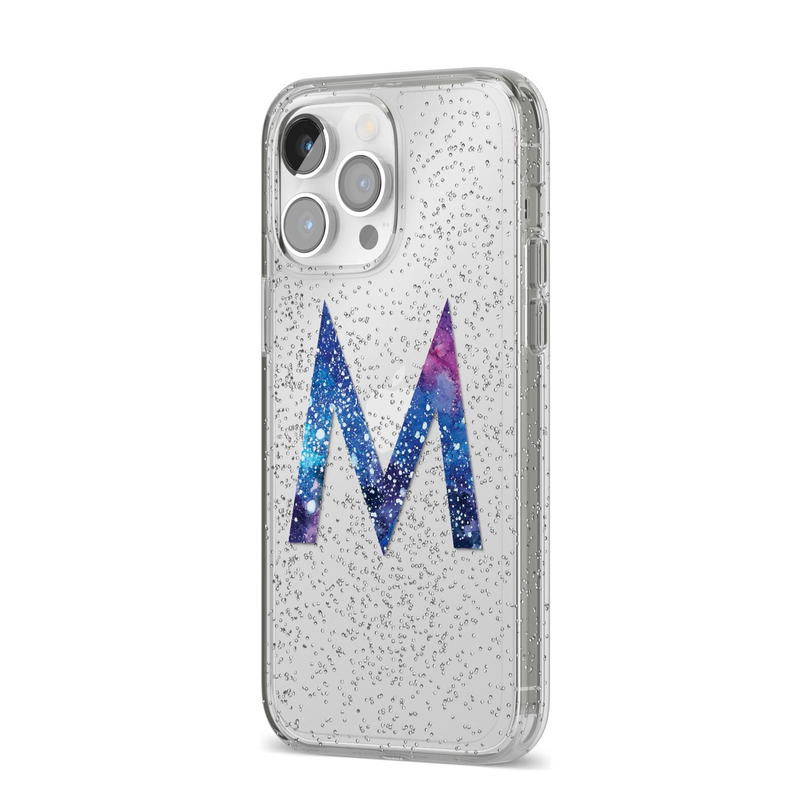Personalised Blue Space Initial Clear Custom iPhone 14 Pro Max Glitter Tough Case Silver Angled Image