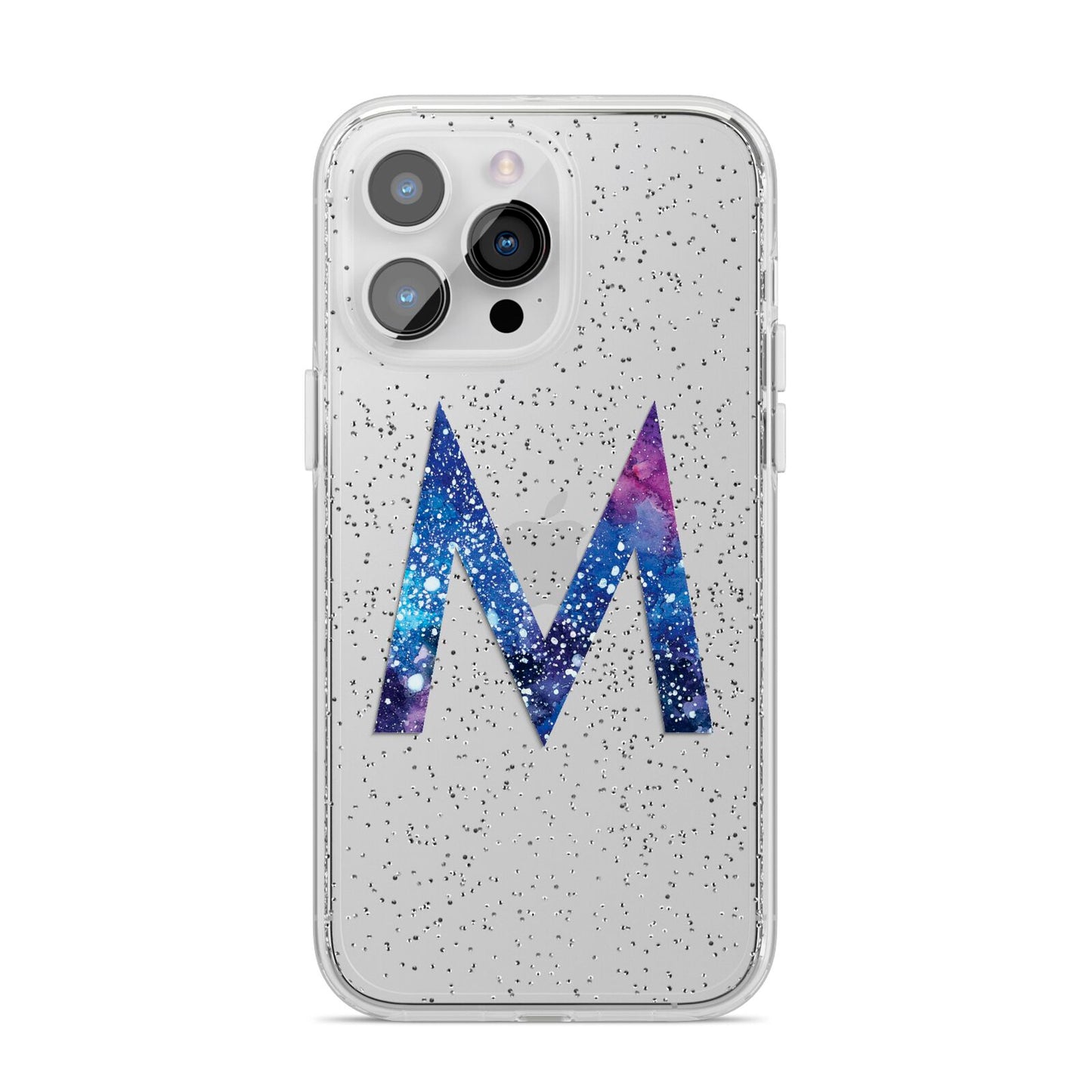 Personalised Blue Space Initial Clear Custom iPhone 14 Pro Max Glitter Tough Case Silver