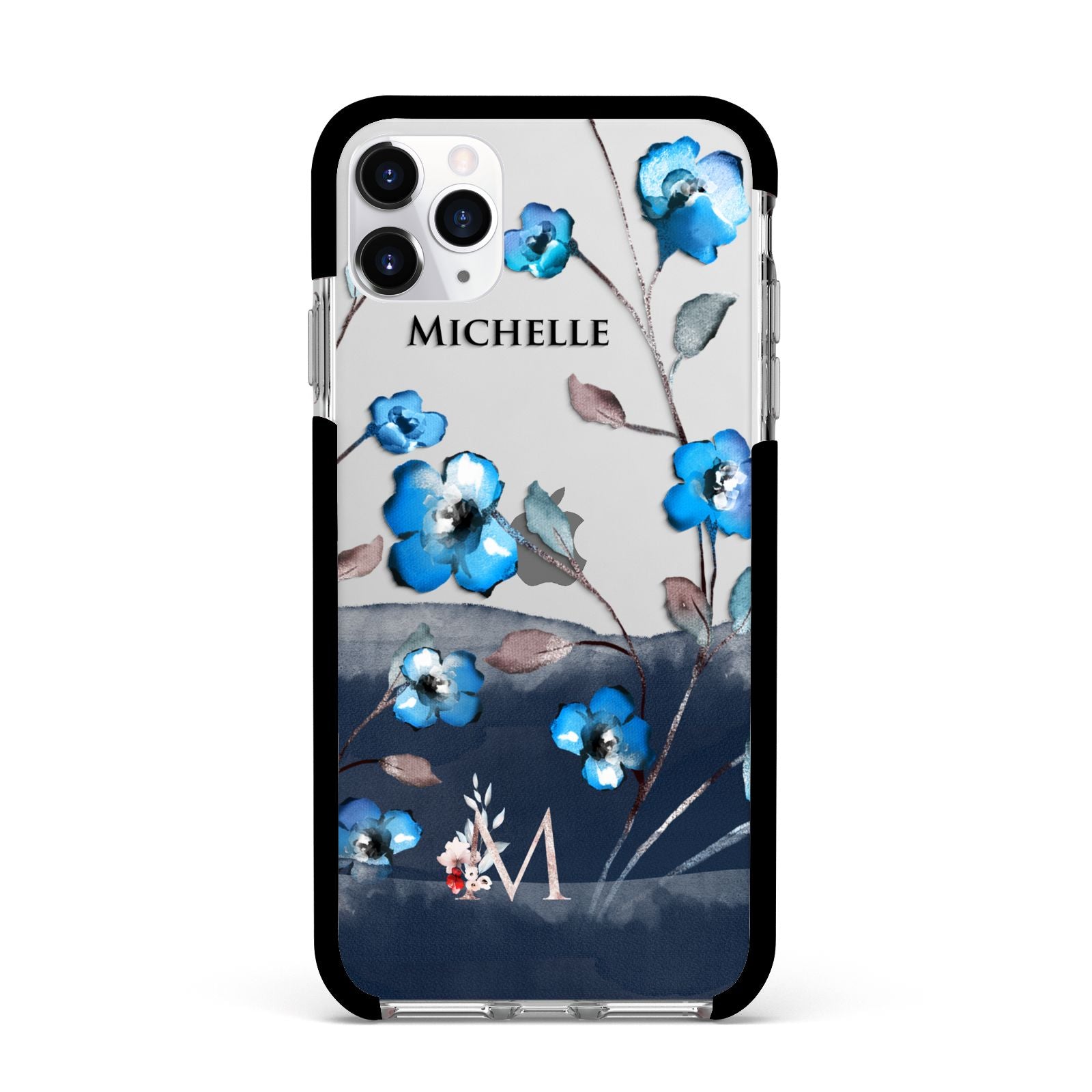 Personalised Blue Watercolour Flowers Apple iPhone 11 Pro Max in Silver with Black Impact Case