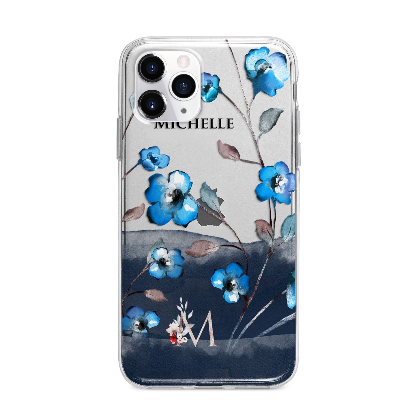 Personalised Blue Watercolour Flowers Apple iPhone 11 Pro Max in Silver with Bumper Case