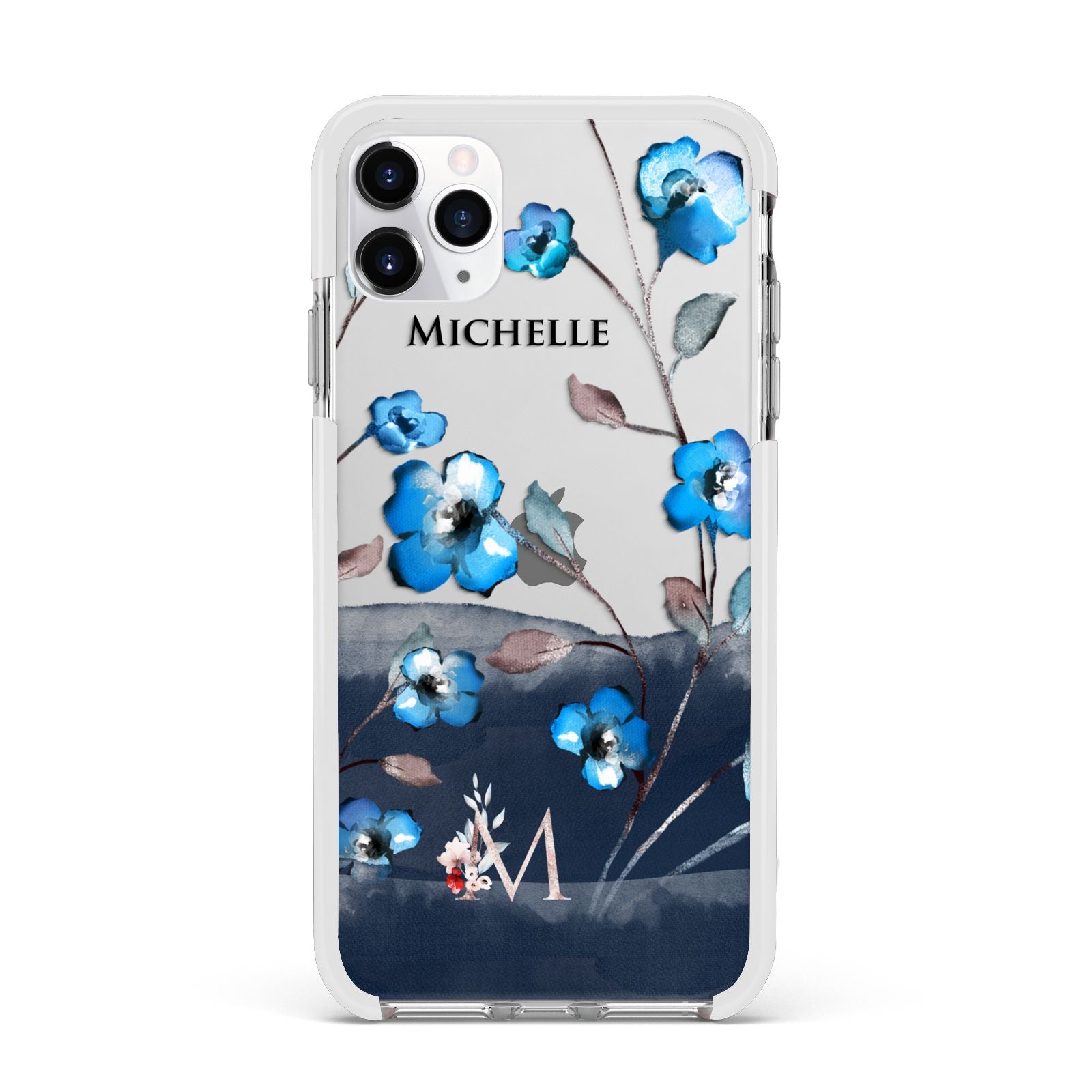 Personalised Blue Watercolour Flowers Apple iPhone 11 Pro Max in Silver with White Impact Case