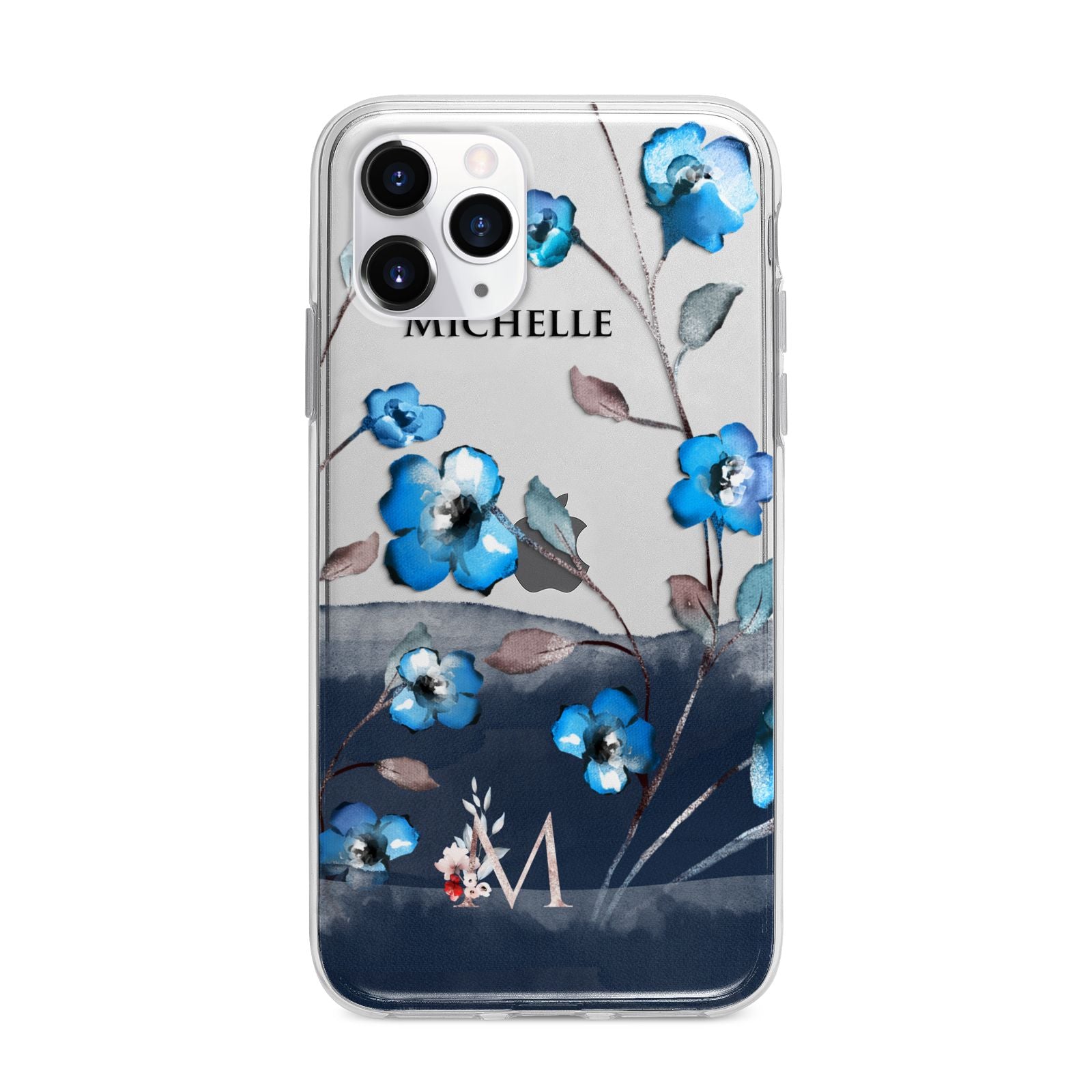 Personalised Blue Watercolour Flowers Apple iPhone 11 Pro in Silver with Bumper Case