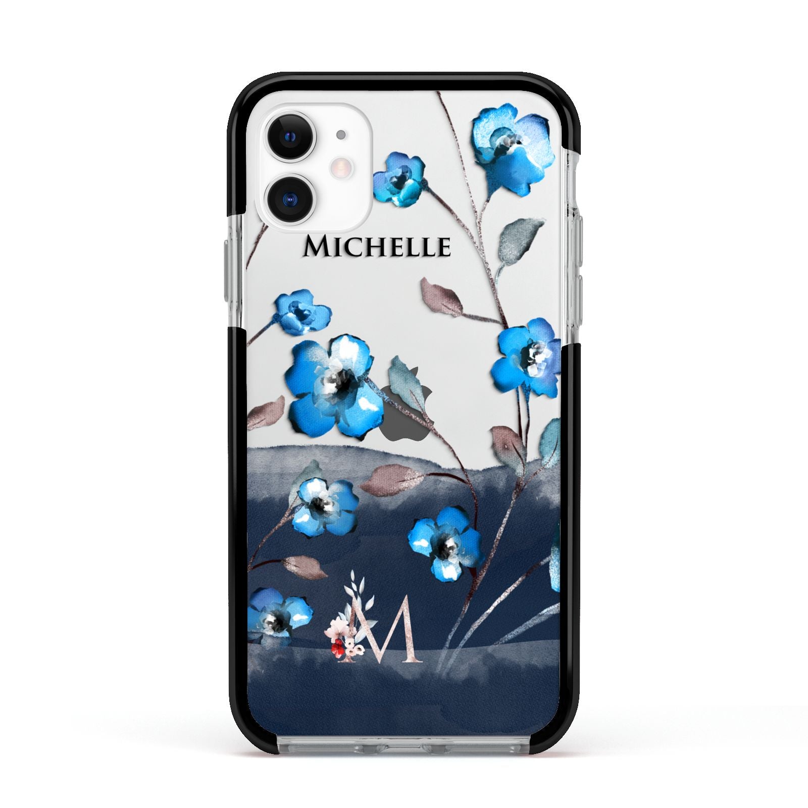 Personalised Blue Watercolour Flowers Apple iPhone 11 in White with Black Impact Case